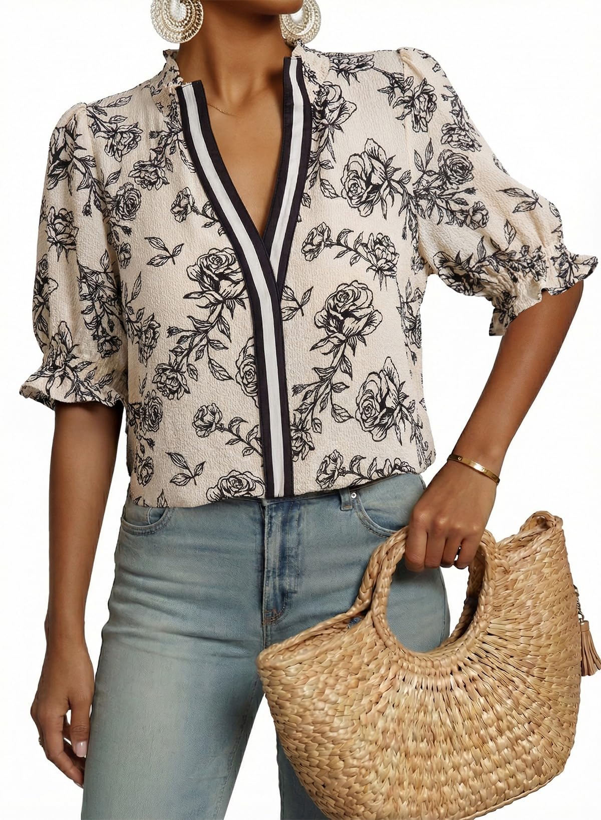 Dokotoo Womens Boho Floral Ruffle Shirt Puff Short Sleeve V Neck Blouse Top