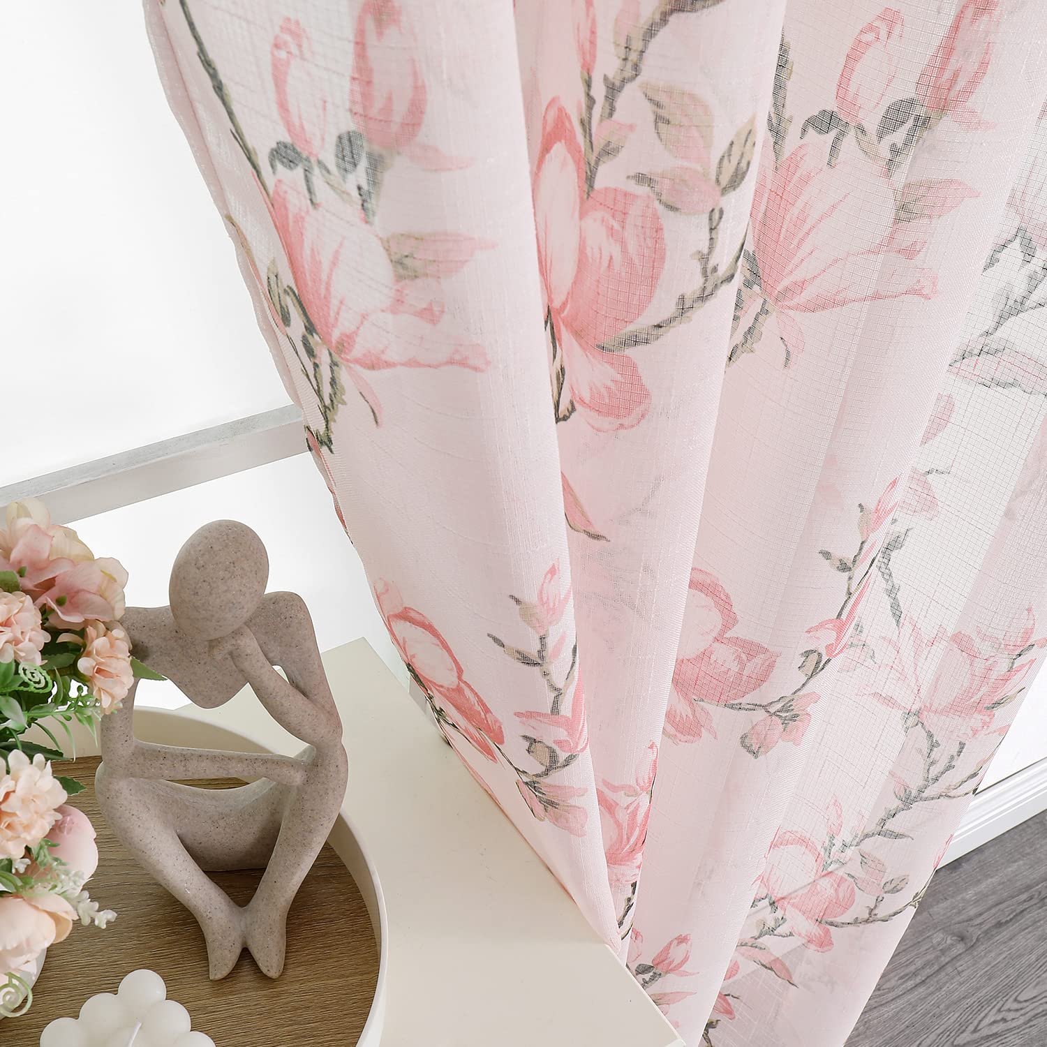 SMILE WEAVER Tende velate rosa cipria, lunghezza 160 cm, per soggiorno, con motivo floreale, in voile di lino testurizzato, con tasca per asta, per camera da letto/cucina, 2 pannelli