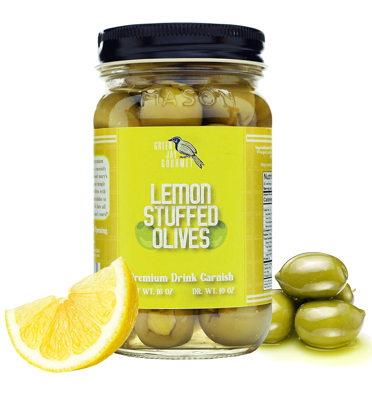 Green Jay Gourmet Lemon Stuffed Olives - Premium Dirty Martini Garnish, Cocktail Olives, All-Natural Green Olives for Cheese Boards, 16oz Jar