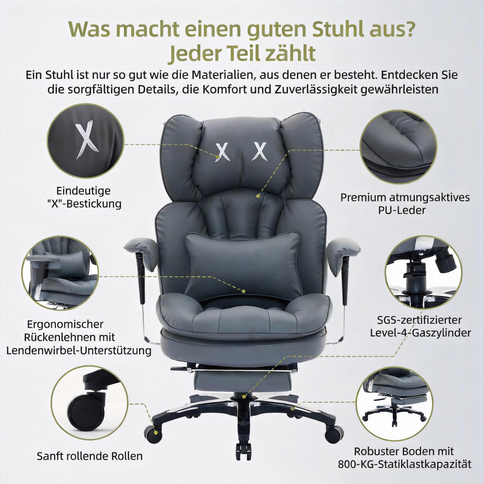 Efomao Bürostuhl, Ergonomischer Gaming Stuhl mit Kopfstütze-Design (X X), Gamer Sessel PU-Leder bis 200kg mit Fußstütze & Lendenkissen, Höhenverstellbarer Schreibtischstuhl