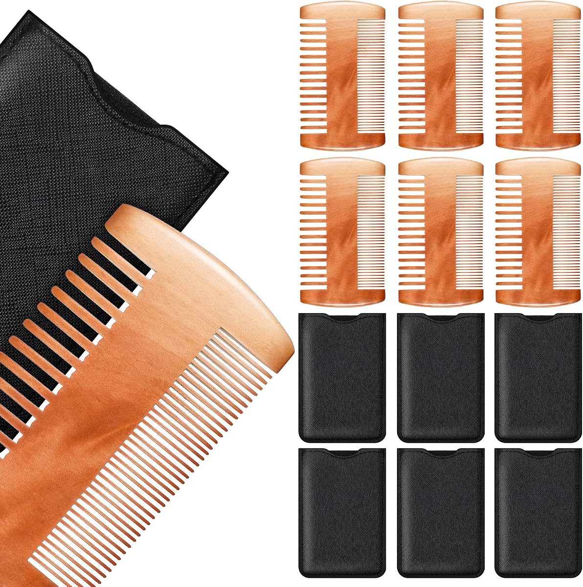 Patelai Peine de barba de madera para hombres, 6 piezas, con estuche de viaje, colores elegantes