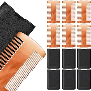 Patelai Natural Sandalwood Dual Action Beard & Mustache Combs with Faux Leather Cases - 6 Pack Yellow