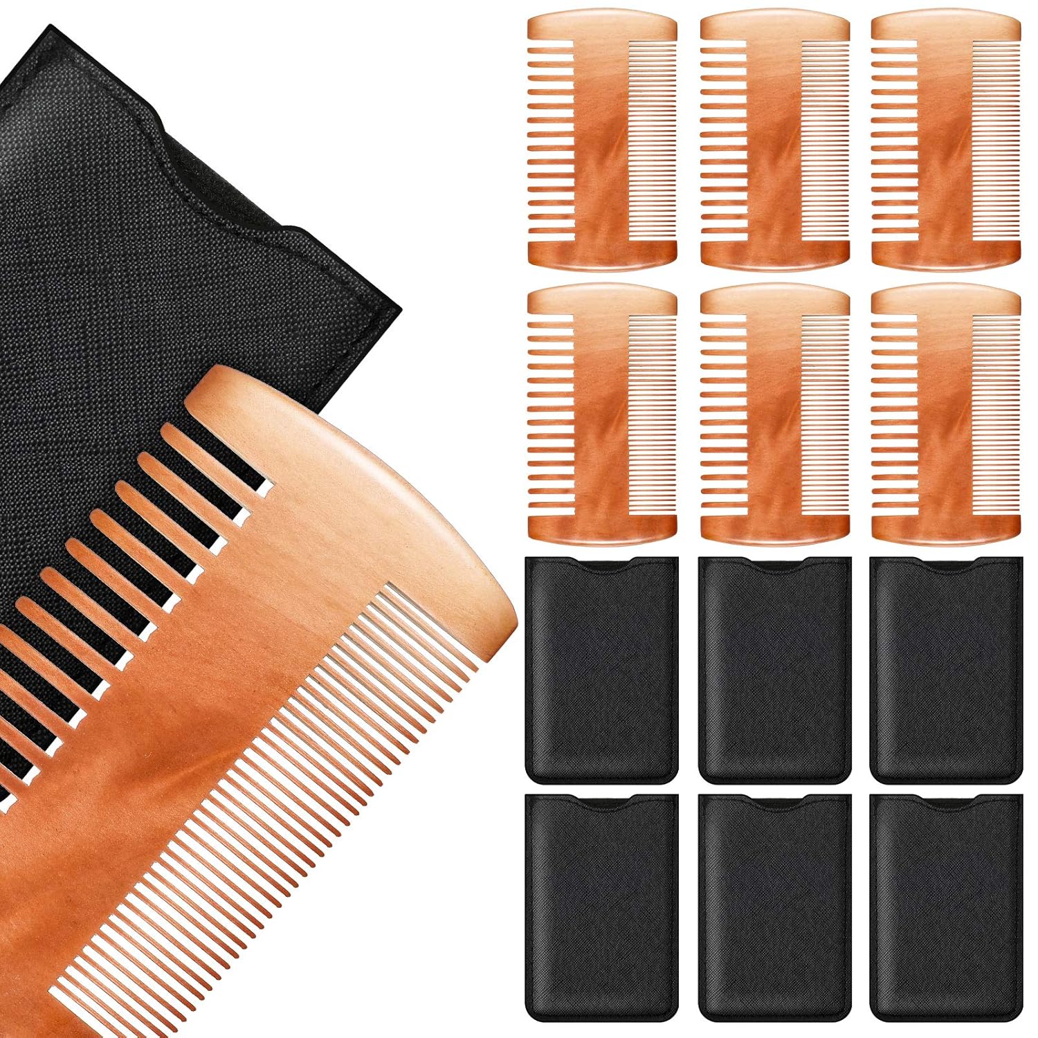 Natural Sandalwood Dual Action Beard & Moustache Combs with Faux Leather Cases (6 Pieces, Yellow)