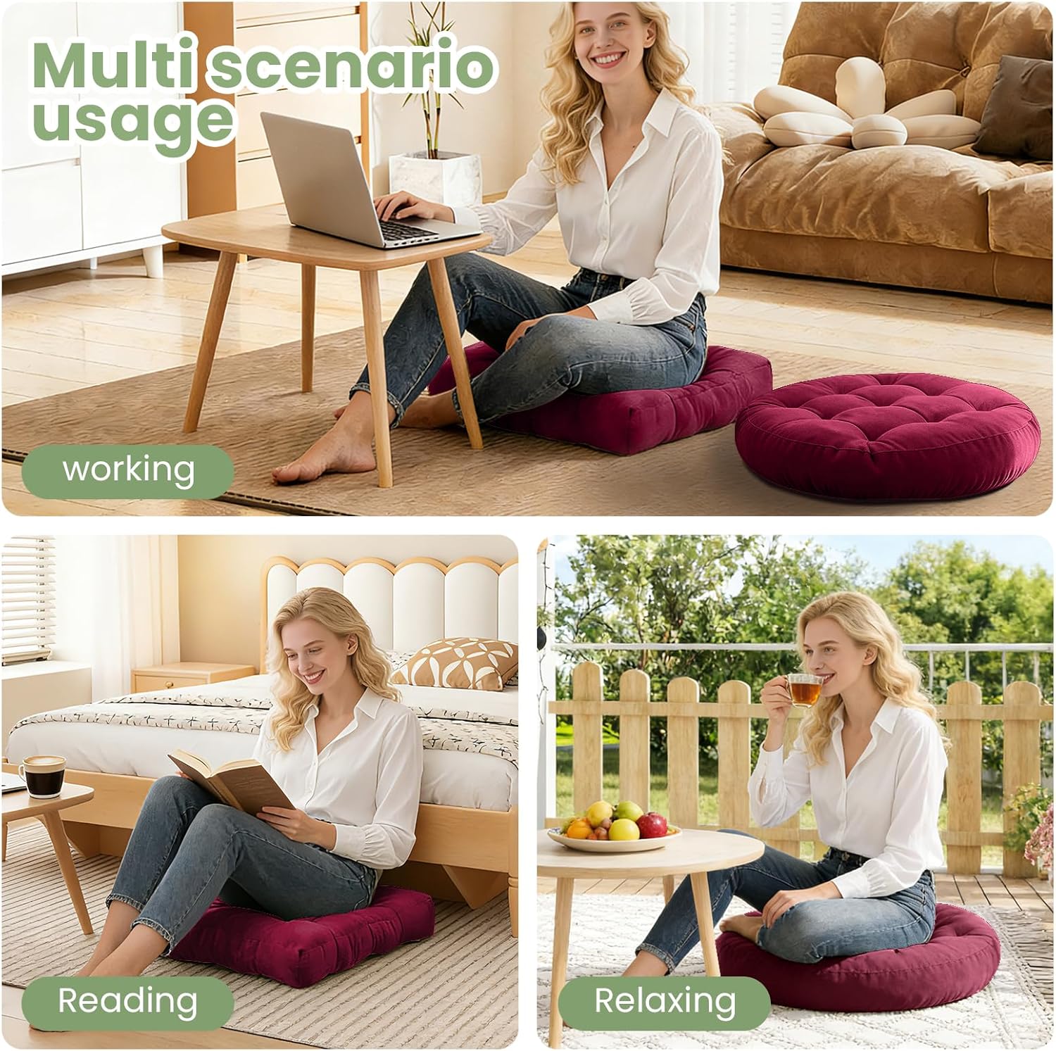 Floor Cushion Pillow Set of 2 Large Round and Square Floor Pillows for Adults Meditation Cushion Pillow Wine Red Tufted Corduroy Cushions for Living Room Outdoor Yoga Tatami Fireplace,20x20 Inch