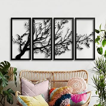 DEKADRON Metal Wall Art, Tree of Life 4 Panels, Tree Sign, Metal Wall Decor, Interior Decoration, Housewarming Gift, 4 Pieces Wall Hangings (40 W x 20 H / 100x50 cm)