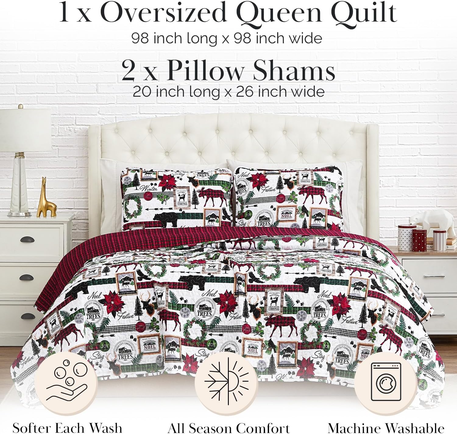 Southshore Fine Living, Inc. Merry Town Christmas Quilt Set, Queen/Full Size 3-Piece Christmas Bedding Set w/Matching Holiday Pillow Shams, Reversible 2-Sided Red Plaid Quilt & Rustic Cabin Print