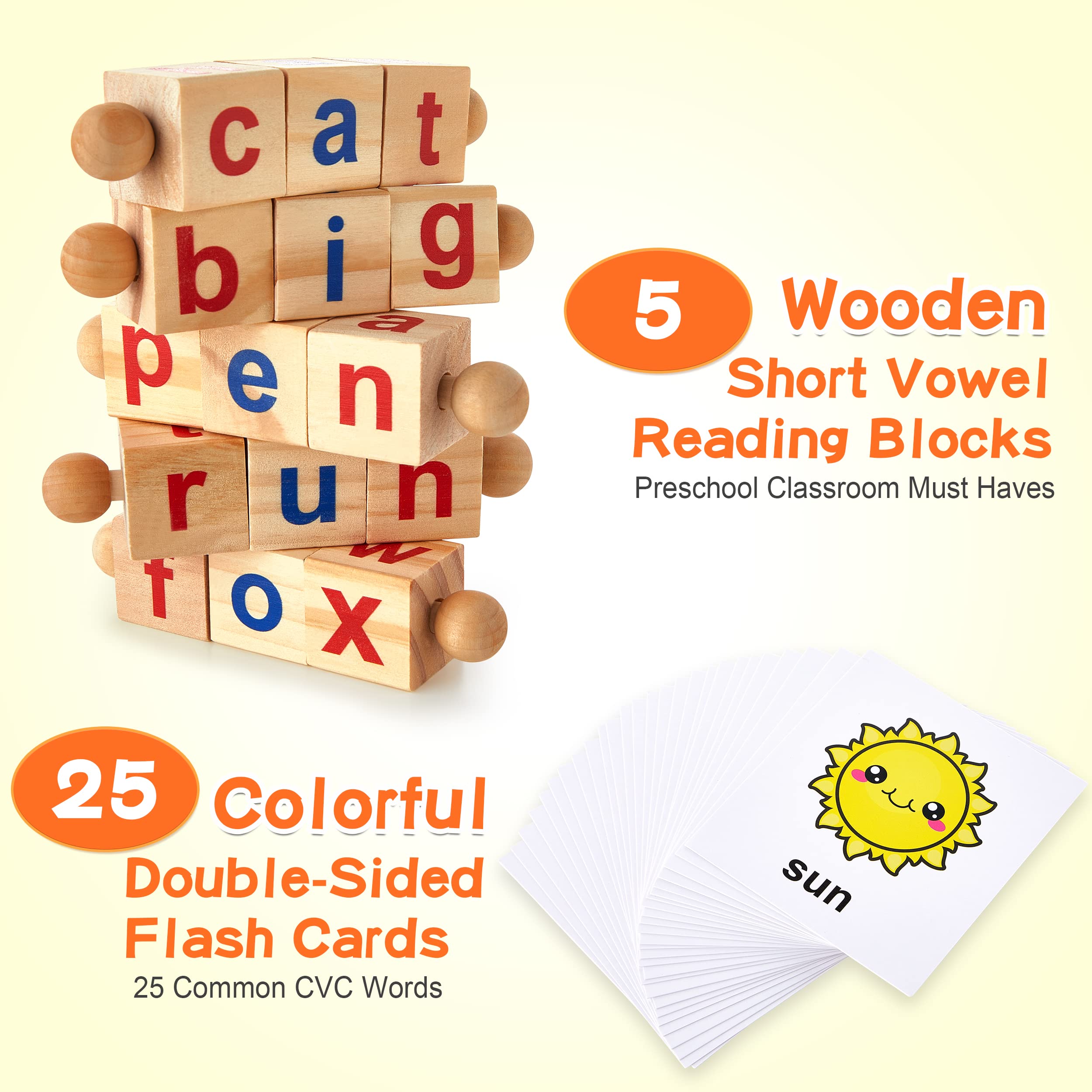 Wooden Montessori Reading Blocks Flash Cards Short Vowel Rods Spelling Game Turning
