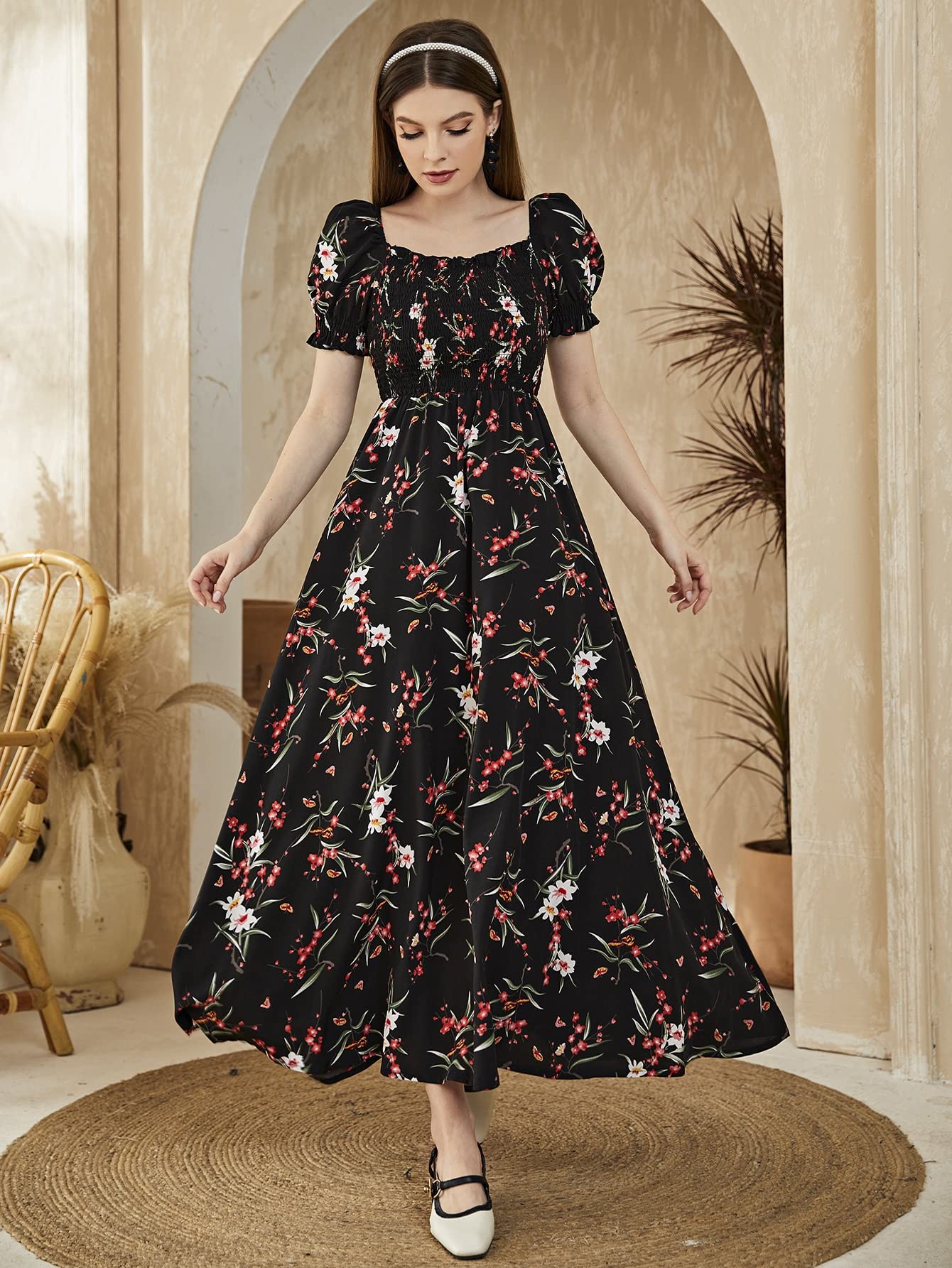 エンフォルド SQUARE-SLEEVES DRESS 38 Amazon.com: Women's Dresses Floral Square Neck Shirred -line Dress