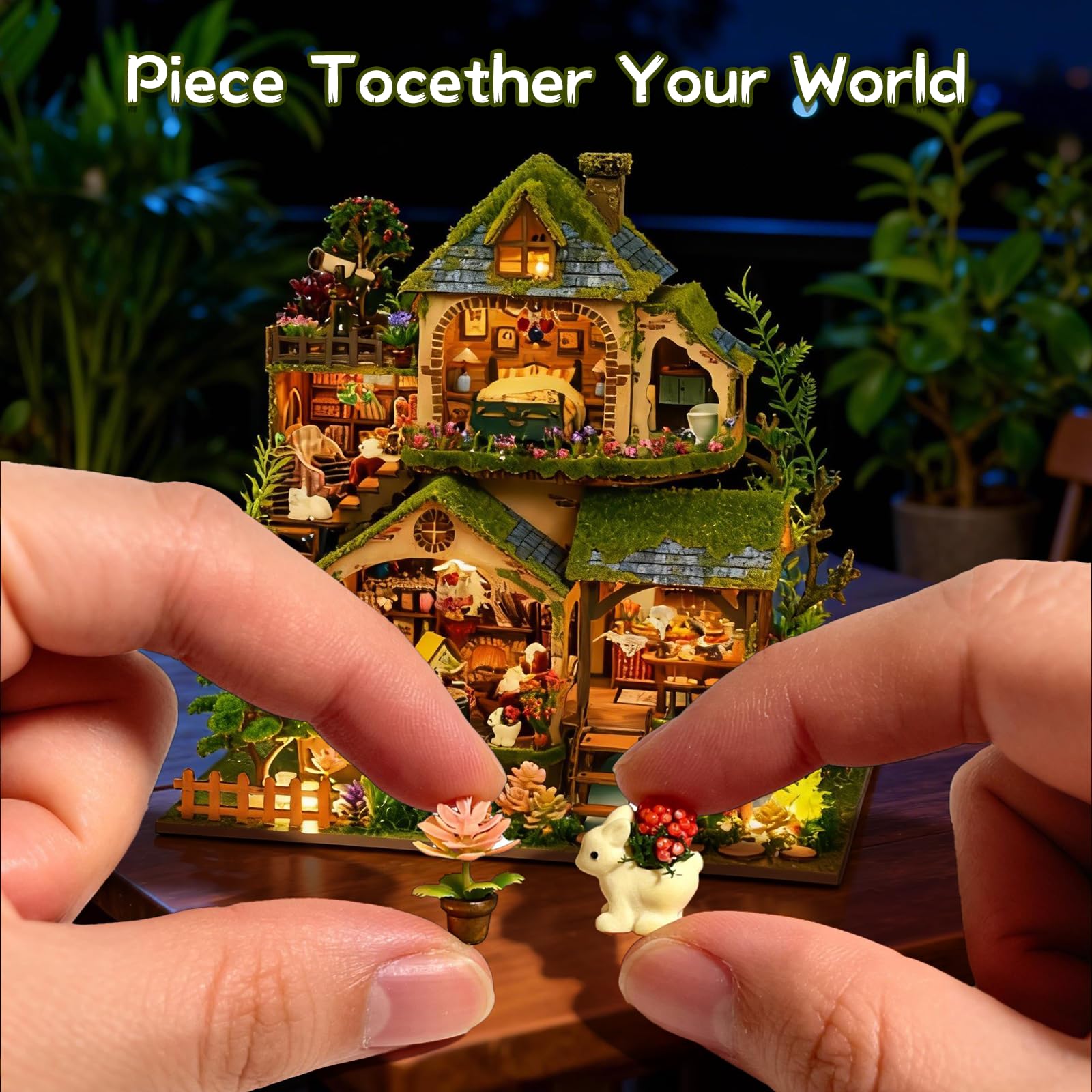 Kit fai da te in miniatura, kit per casa delle bambole vittoriana, puzzle 3D in legno per libreria, kit per la costruzione di mini case delle bambole per adulti e adolescenti (Cottage nella foresta)