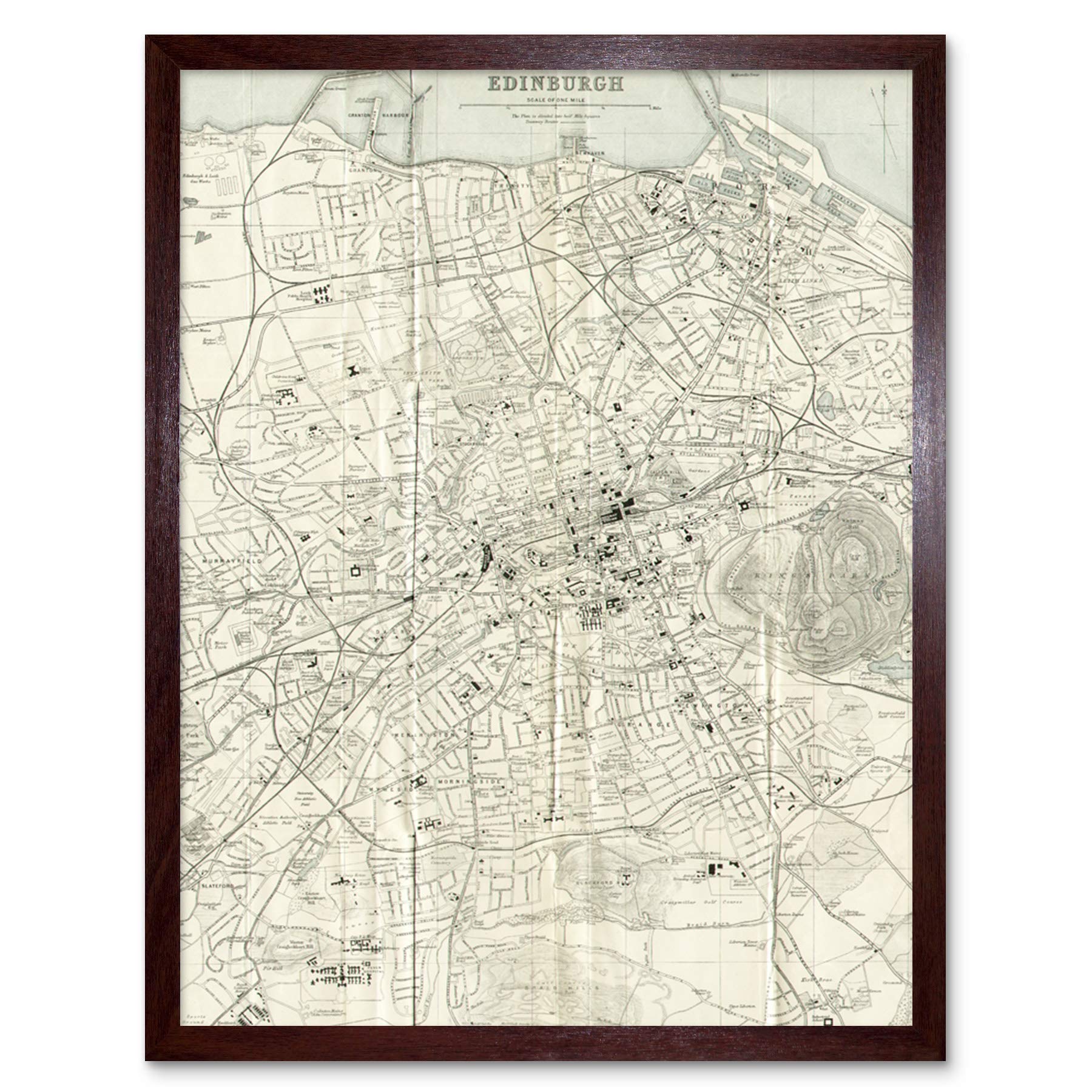 Artery8 Framed Brown 12X16 Map 1935 Edinburgh City Scotland Plan Chart Art Print Framed Poster Wall Decor 12X16 Inch