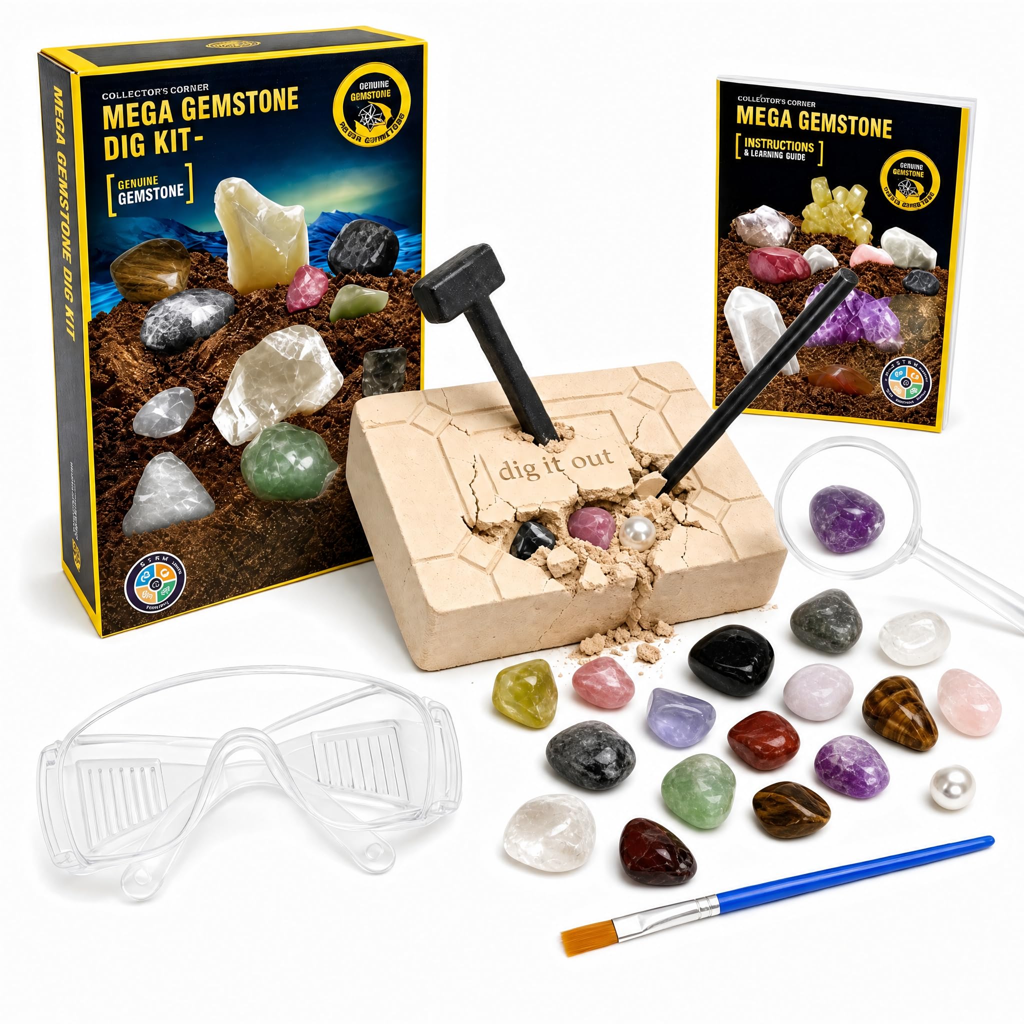 Gemstone Dig Kit for Kids 8-12 – Educational Science Kit with 17 Real Gemstones, Fossils, Rocks &Crystals– Fun Gem Art Excavation Toy – Geology Gift for Boys & Girls