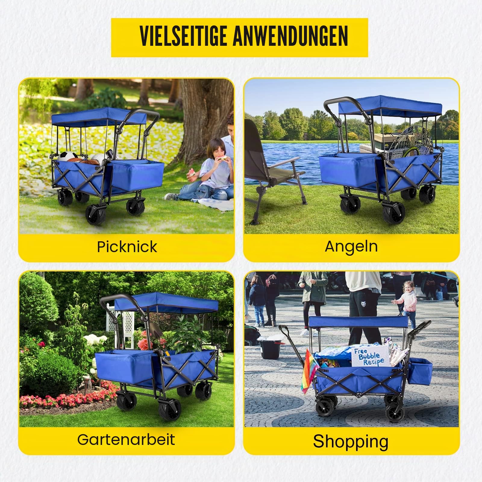 VEVOR Bollerwagen Faltbar 92,7 x 54,3 x 98,5 cm, Handwagen faltbar 100 kg, Blauer Bollerwagen Dach Luftreifen 600D Oxford Polyester, Klappbarer Handwagen mit 2 Klettbändern, für Aktivitäten im Freie