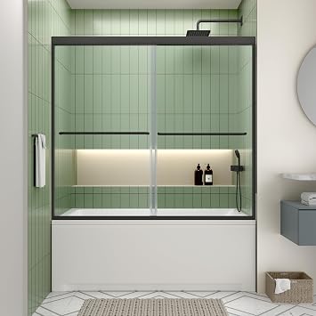 ACE DECOR Double Sliding Bathtub Shower Door 56"-60" W x 58" H, Matte Black | Tub Shower Doors for Walk-in Shower,6mm Clear SGCC Tempered Glass,Bypass Shower Enclosure Easy-Clean Nano Coating&Waterproof