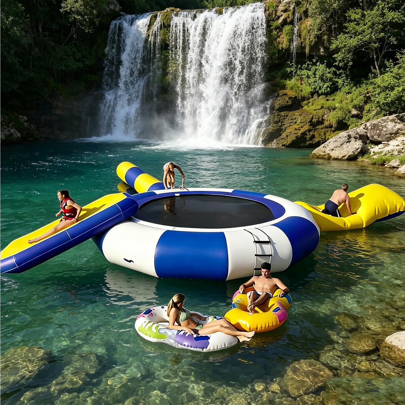 NSACMD PVC Inflatable Water Trampoline for Lake, 10Ft/13Ft/16Ft - Lounging, Bouncing, Swimming Jumper Platform with Slide/Tube & Diving Pillow Bag