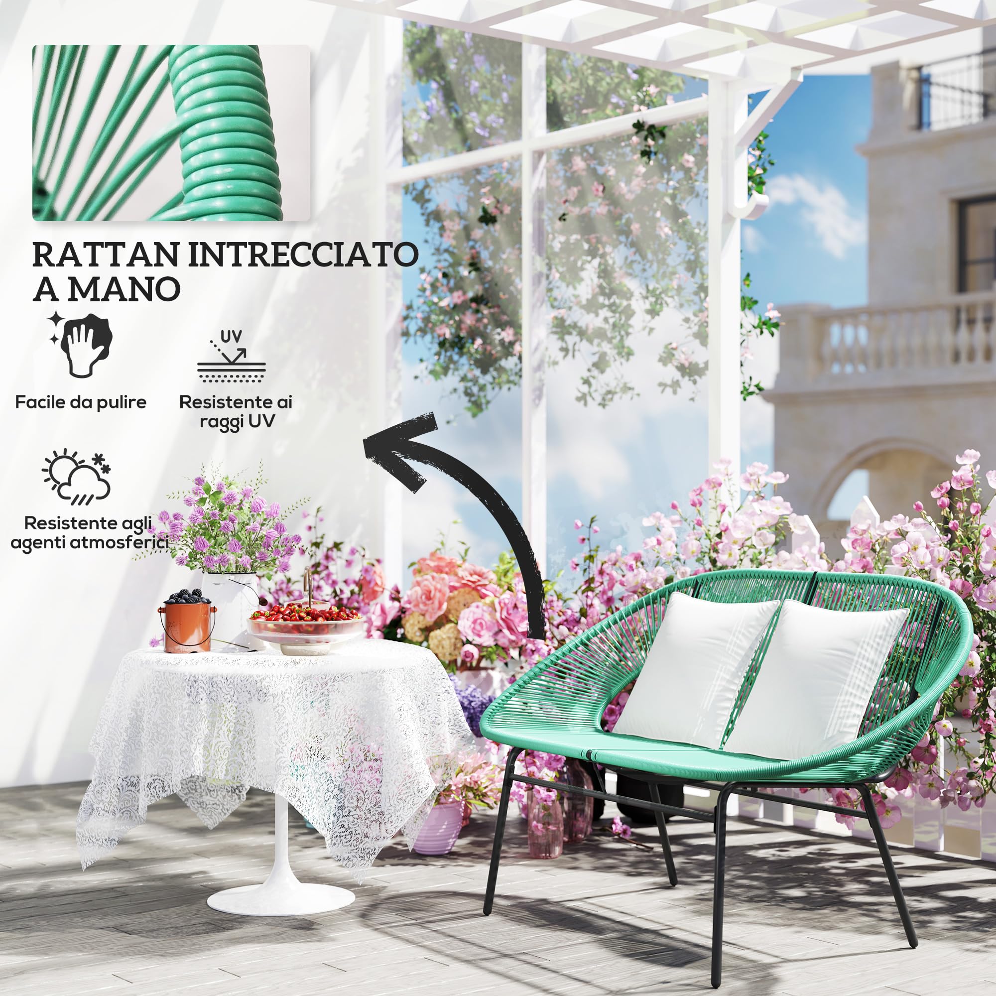 Outsunny Sofá de jardín de 2 plazas en ratán PE, sofá de Exterior con Cojines, reposabrazos y Estructura de Acero, Banco de Exterior, para terraza y Patio, 132 x 72 x 83 cm, Verde Oscuro