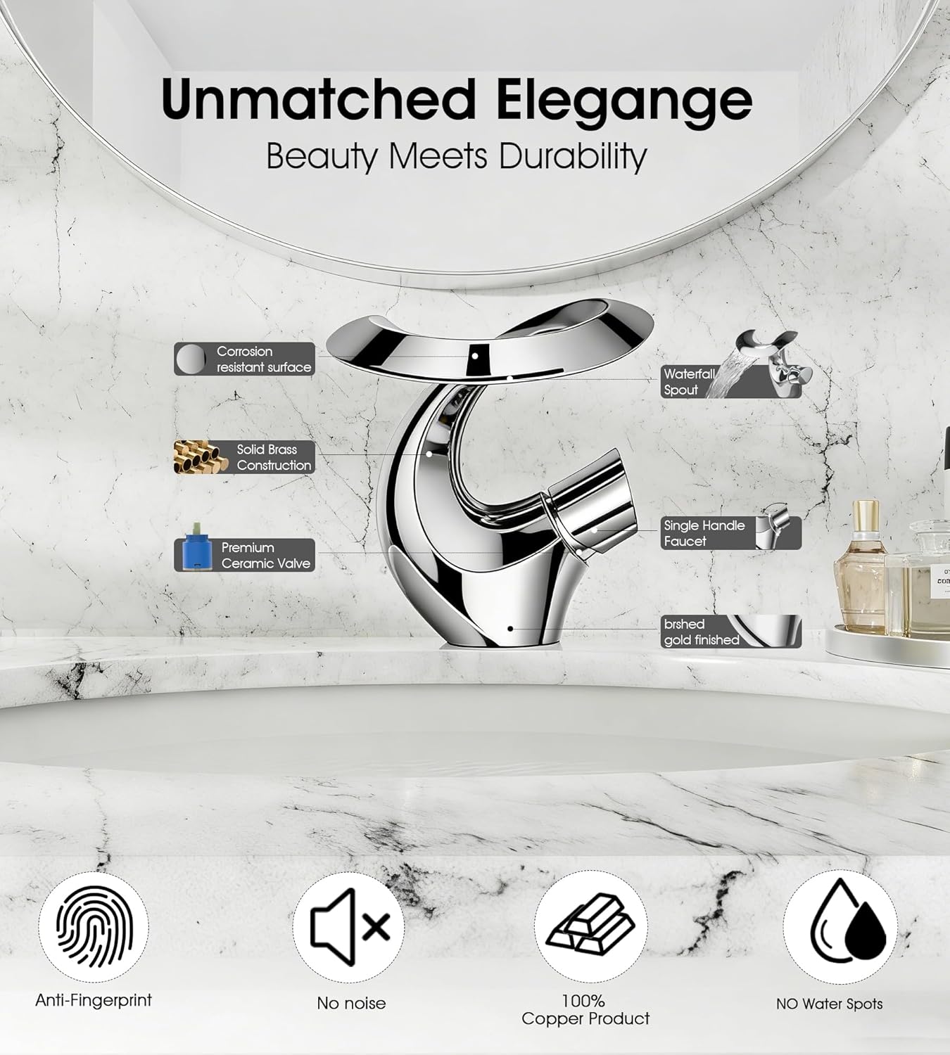 Elegant Alien Chrome Bathroom Sink Faucet Single Hole,AUU Chrome Polished Waterfall Vanity Sink Faucet Solid Brass,Single Handle Basin Tap with Pop Up Drian&Deck Plate