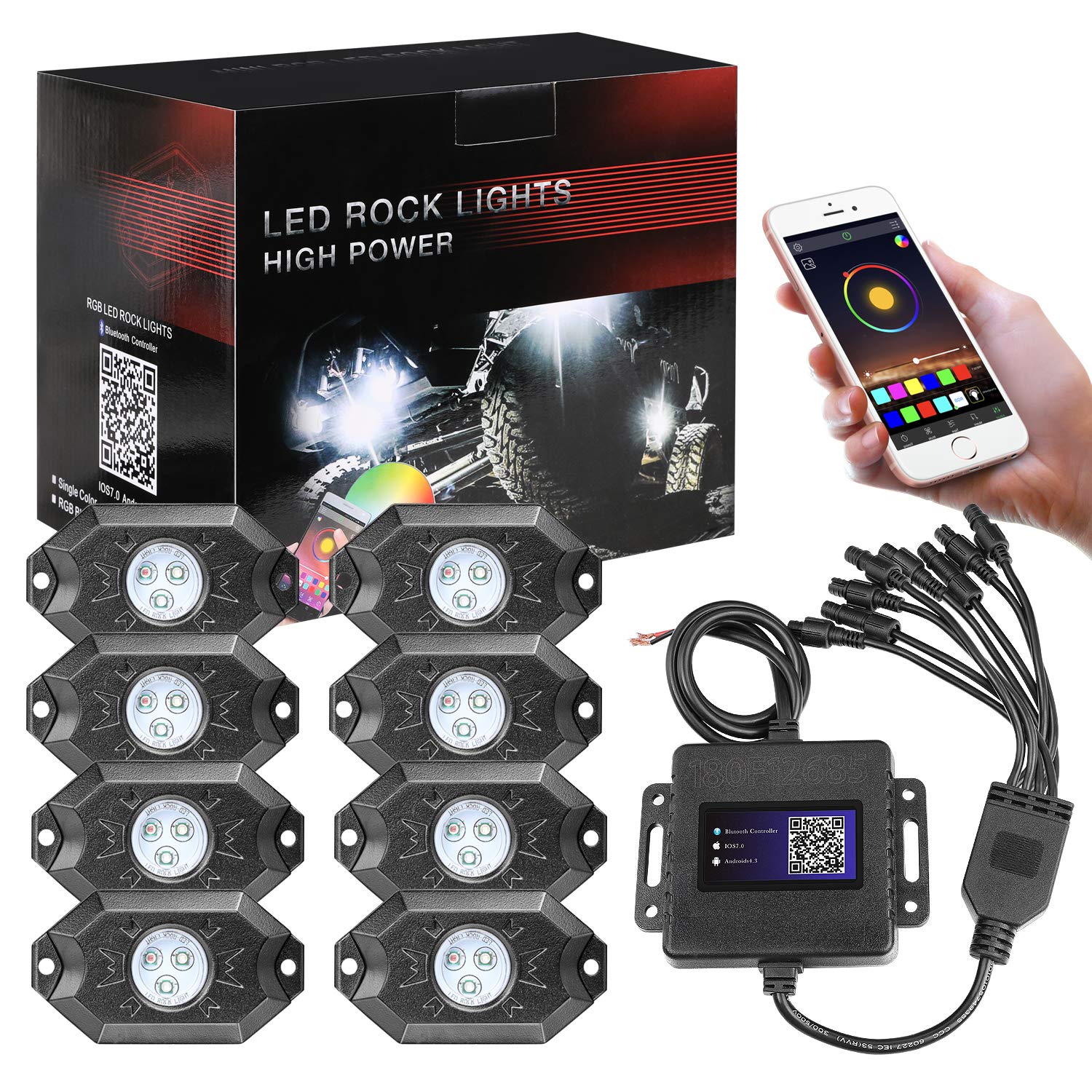 Auto Power PlusRGB LED Rock Light Kit, Neon Led Lights Waterproof Bluetooth Strobe Lights Underglow RGB led lights for Truck SUV ATV Boat Motorcycle Off Road Jeep - 8 Pods