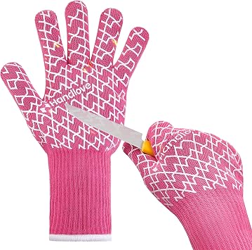 HandLove BBQ Gloves, Oven Gloves with Fingers Heat Resistant Gloves for Grilling | Silicone Grip, Long Cuff Mitts - Kitchen & Outdoor Barbecue, Cooking, Baking, Pink S