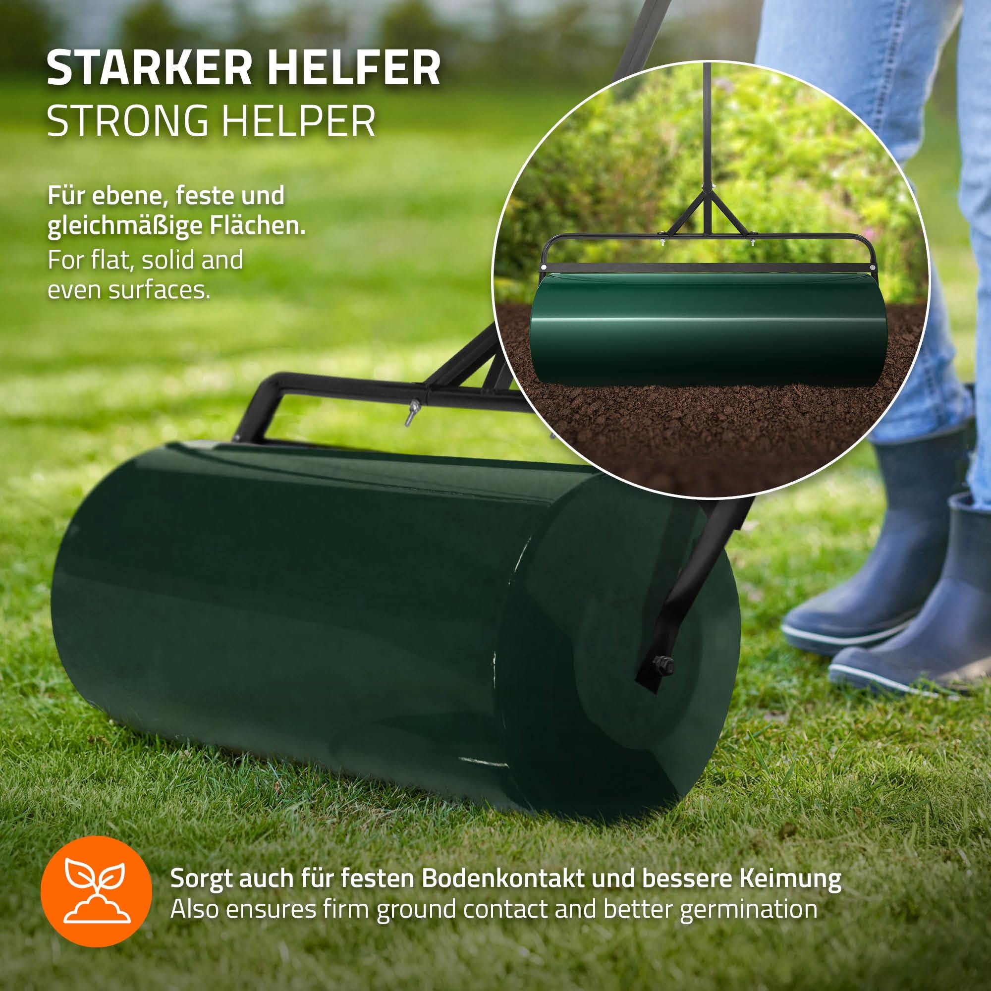 ECD Germany Rodillo de Césped de Acero Verde 90cm de Ancho Aplanador de Jardín 63 litros de Volumen Ø30cm, Rellenable con Agua/Arena Apisonadora Compactar, Aplanar y Remover la Tierra para Plantas