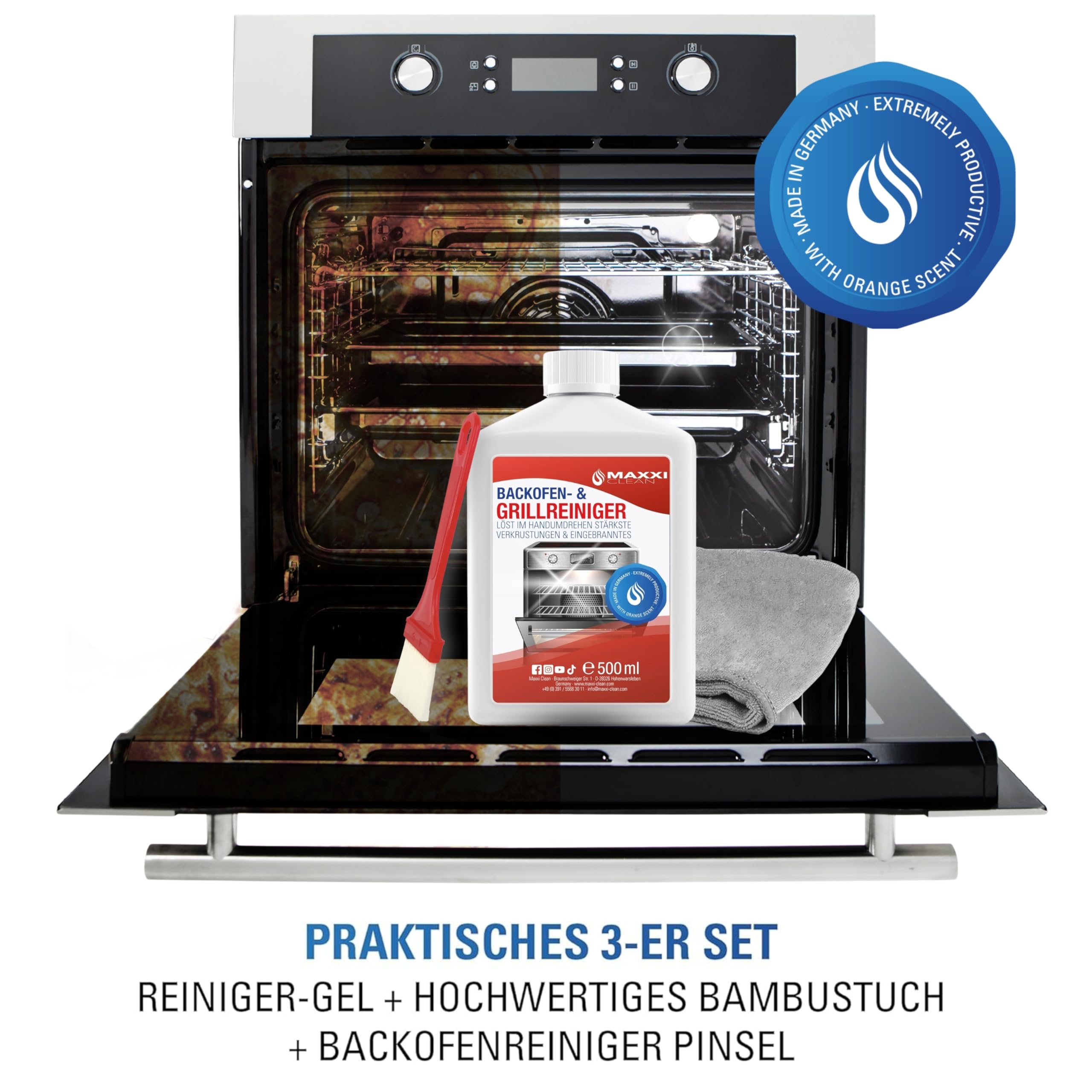 Maxxi Clean | 1x Set Combinato per la Pulizia di Forno e Grill | 500 ml di Gel incluso 1x Pennello e 1x Panno in Microfibra | Pulitore e Sgrassatore extra forte | Per Forno, Piano Cottura e Grill