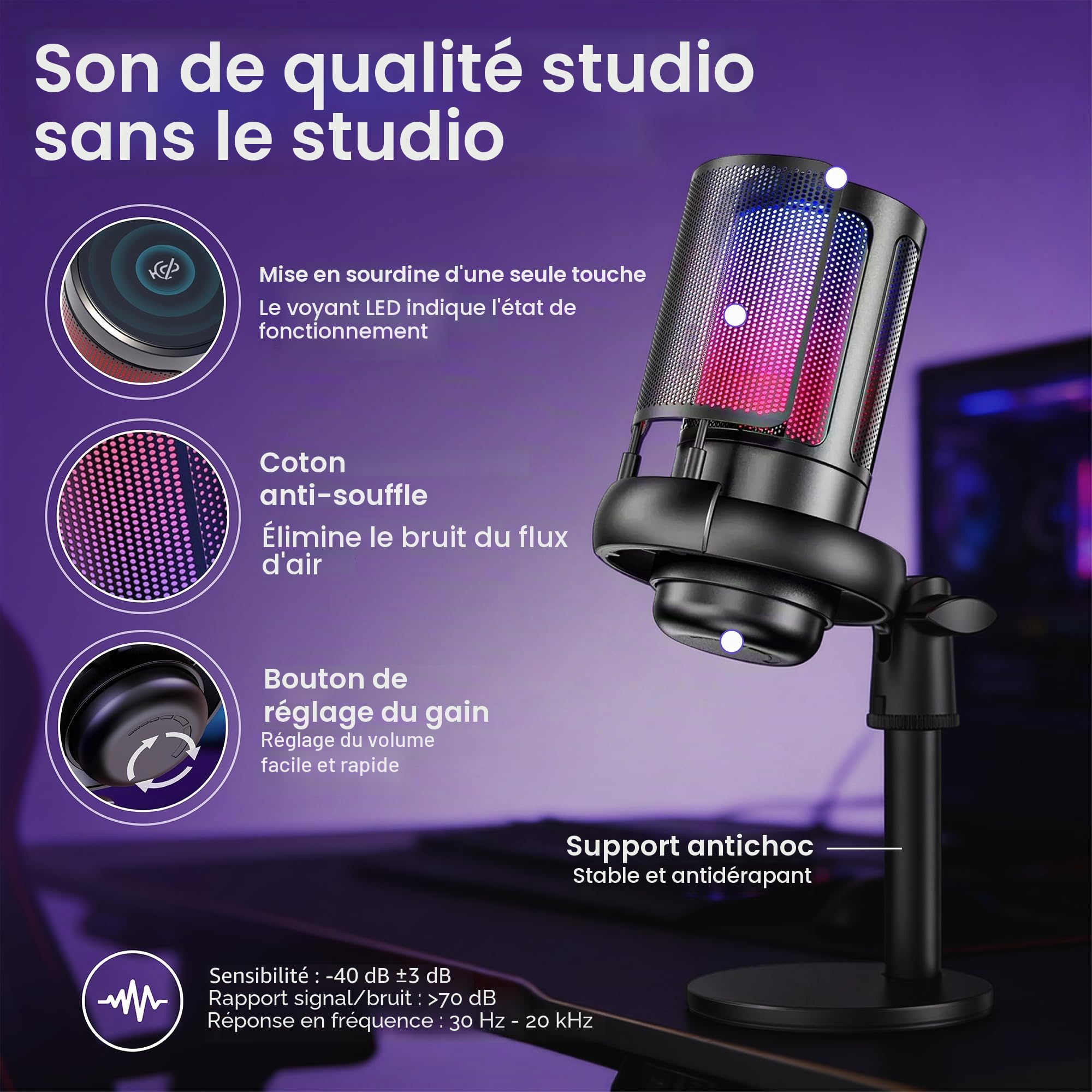 Kit de streaming vidéo en direct, comprend une webcam 1080p 30 fps et un microphone USB RVB, une lumière LED réglable pour Twitch, YouTube, Podcast et WFH. Pour PC, Mac, Windows et ordinateurs