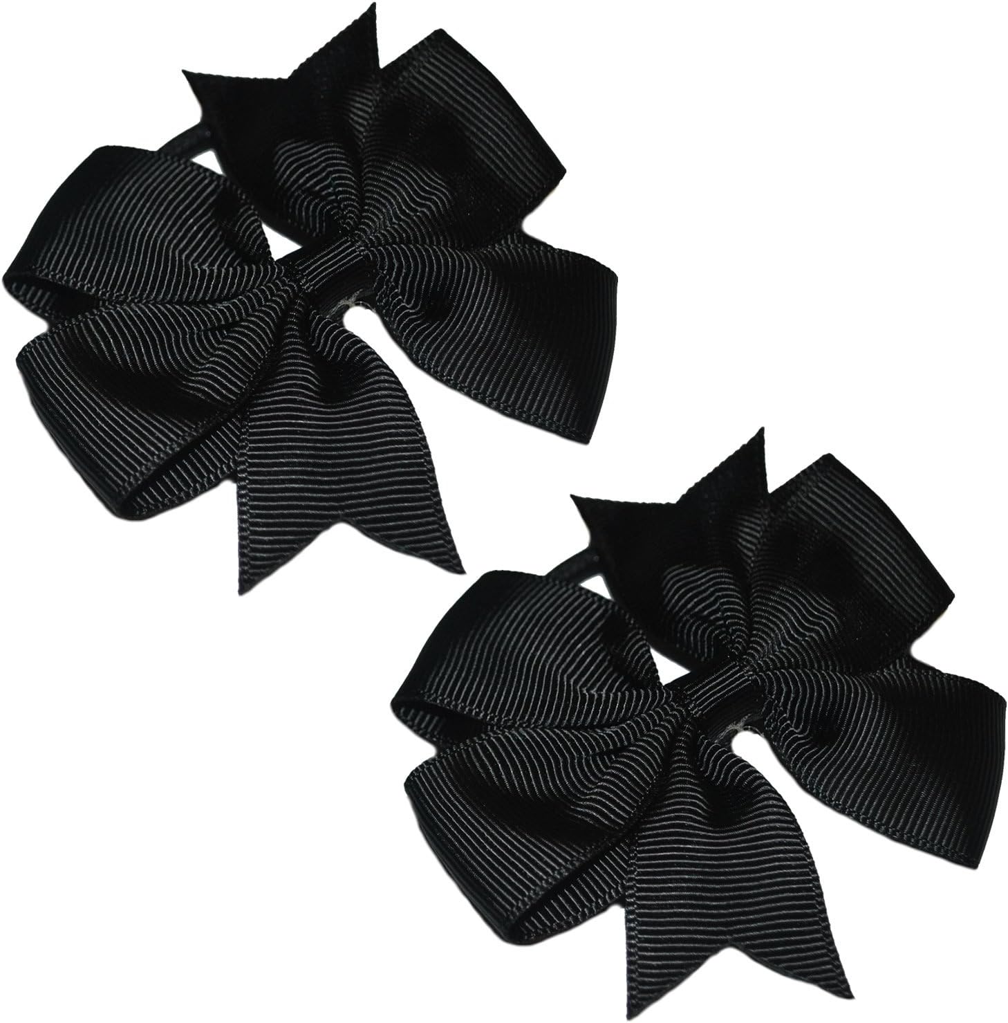 2 x 'Flat Fan' Bow Hair Bobbles | Hair Elastic | School Hair | Ribbon Bow (Black)