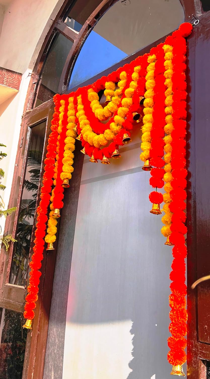 Artificial Fluffy Flower Marigold with Bell Door Hanging Bandanwar Colour Yellow & Orange, Size 40X52 Inch Pack of 1 (B0029), Medium