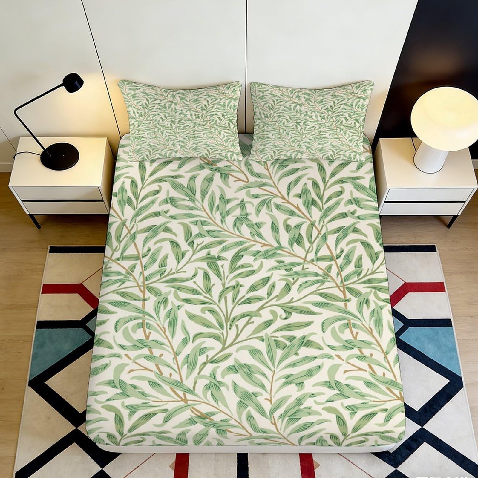 3D Printed Green Leaf Pattern Fitted Sheet Microfiber Soft Breathable Branch Design Mattress Cover for Bedroom Dormitory Guest Room Mattress Protection 140x200x25cm