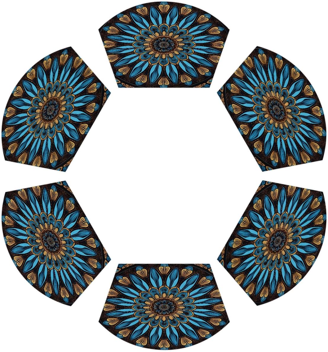 Mandala Blue Wedge Placemats Set of 6pcs PVC Washable Wedge Place mats Round Table mat Wipeable Plastic Dining Table mats for Kitchen Indoor Outdoor Patio Table Decor