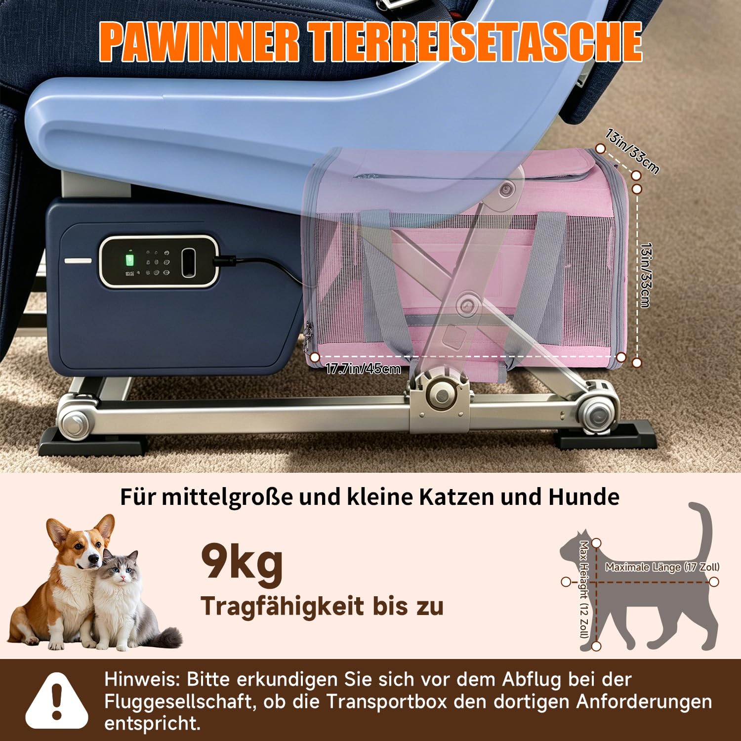 Trasportino con ruote, per gatti e cani fino a 9 kg, 45 x 30 x 30 cm, in tessuto Oxford 600D, pieghevole e traspirante, a prova di esplosione, per viaggi, auto, veterinario e aereo, rosa
