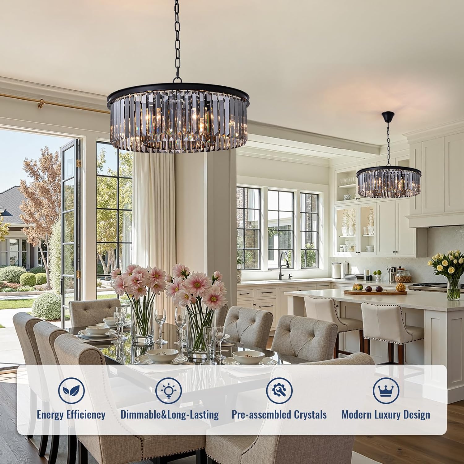 22-Inch Crystal Chandelier for Dining Room, Modern Hanging Pendant Light Fixture with 59" Adjustable Wire,Smoke Gray K9 Crystals, for Living Room, Bedroom, Kitchen Island, Entryway