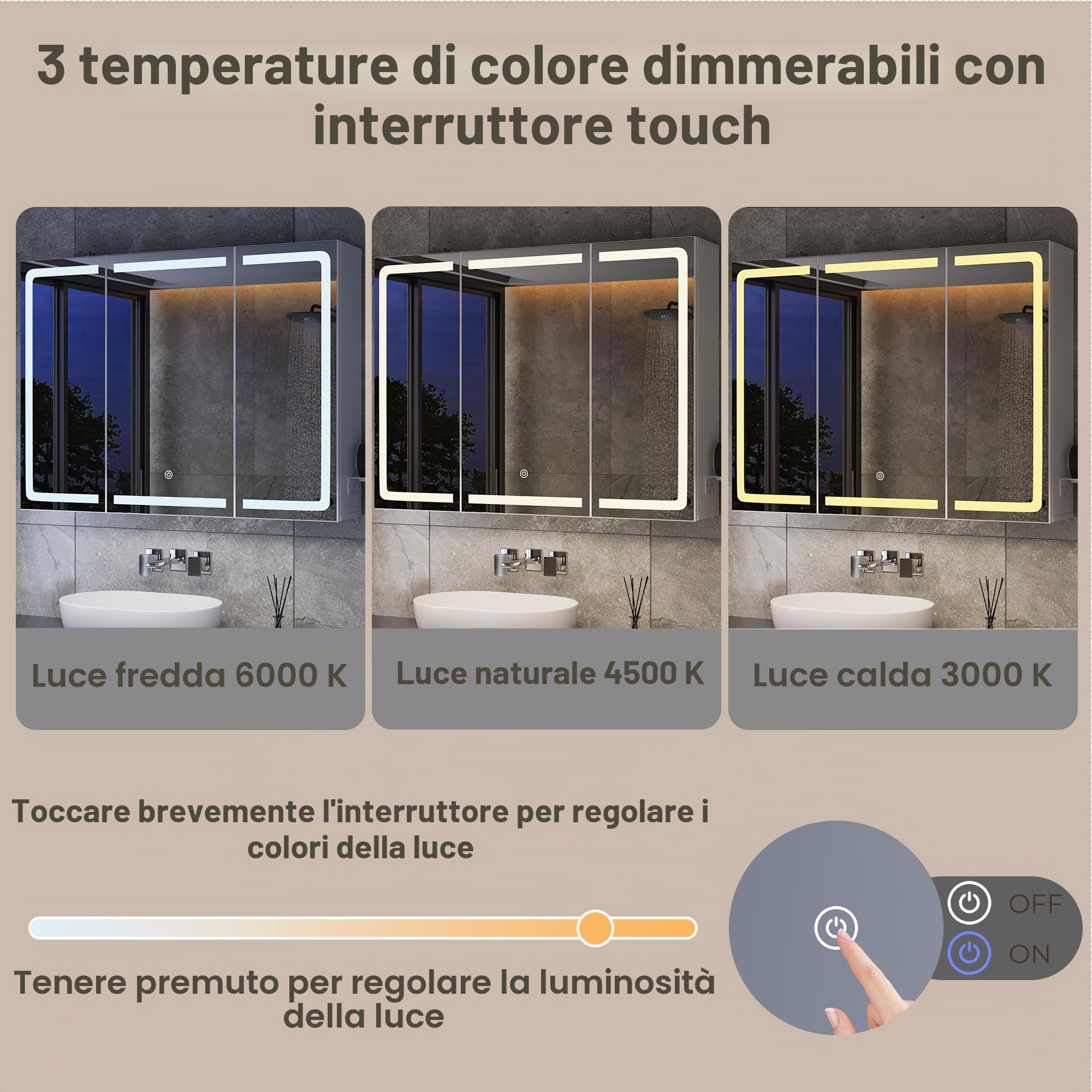 Xbro Armadietto Bagno con Specchio e Luce LED Regolabile, Mobile Bagno con Presa e Ripiano Laterale, Specchio Bagno Contenitore Sospeso per Spazi Compatti 80x16x60 cm