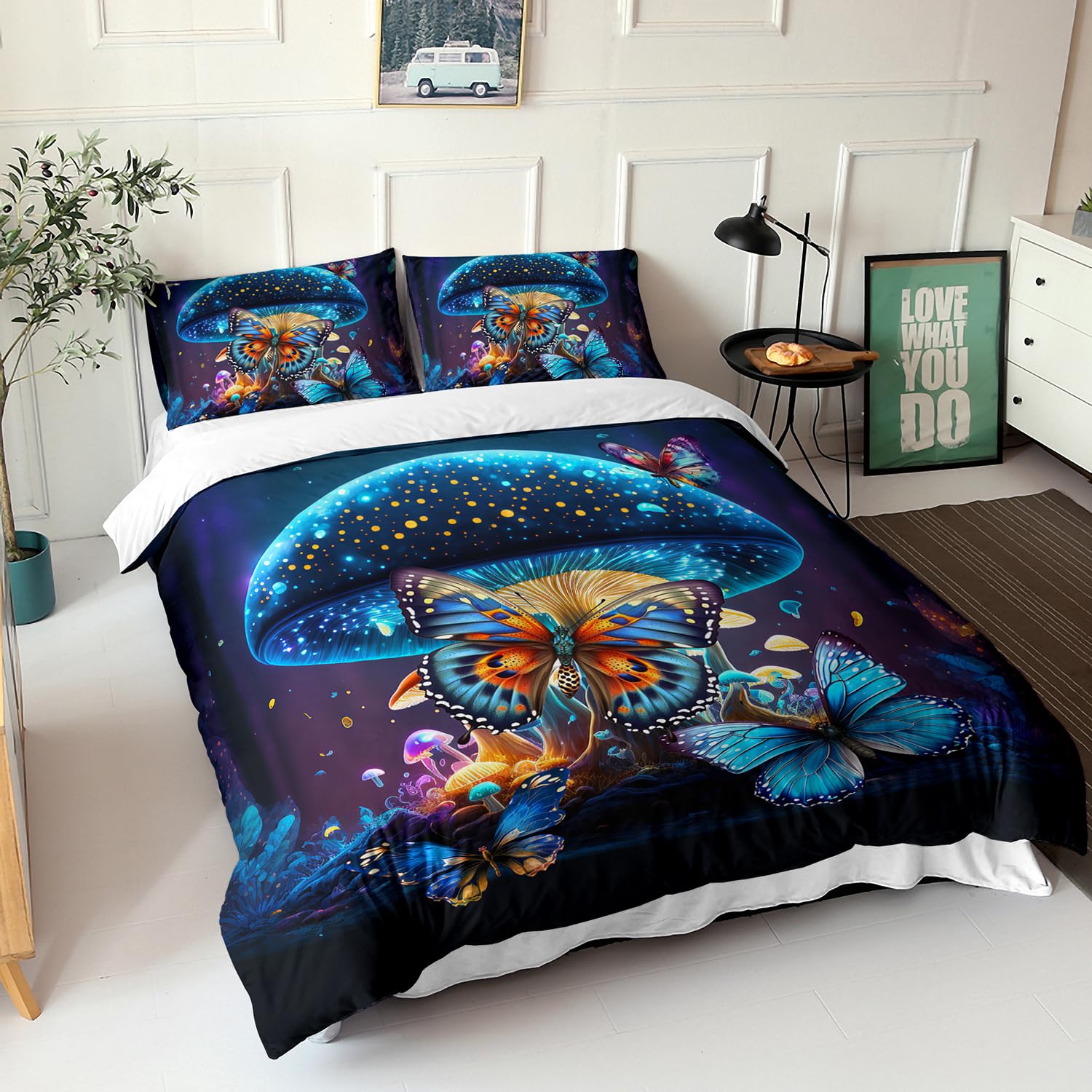 AILONEN Beautiful Butterfly Duvet Cover Set Queen Size, Sparkly Blue Butterflies Bedding Set for Girls Kids,Magic Mushroom Comforter Cover 3PCS,1 Quilt Cover and 2 Pillowcases,Microfiber