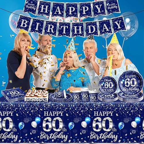 Miniatura 5 de Juego de vajilla de 142 piezas para decoración de cumpleaños número 60, color plateado y azul, suministros de fiesta de cumpleaños de 60 para