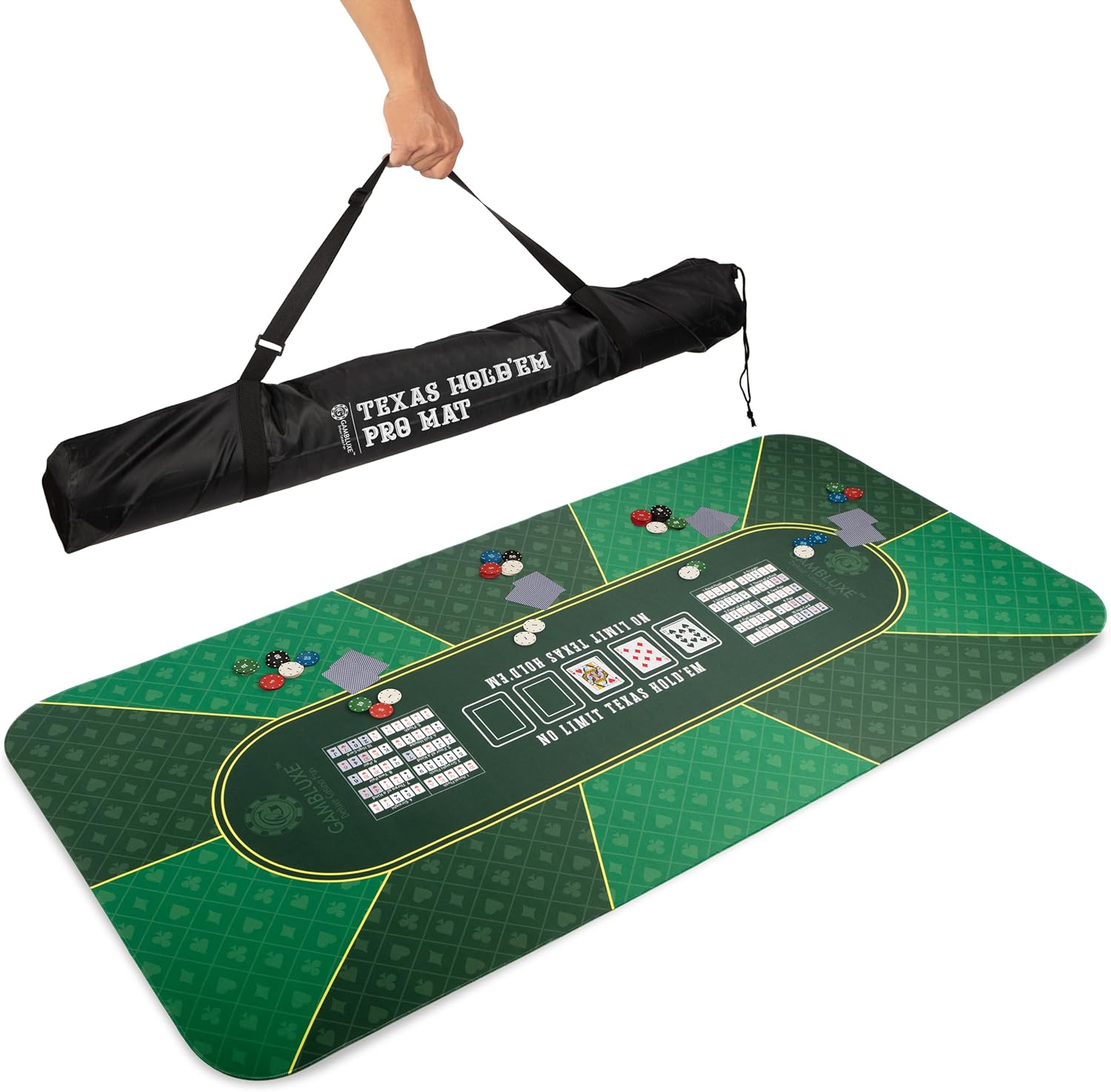 GAMBLUXE 70"X35" / 47"X23" Professional Poker Mat for Table - Smooth Water Repellent Poker Top for Table Nonslip Portable Texas Hold'em Poker Mat + Carrying/Storage Bag for Poker Games, (Green)