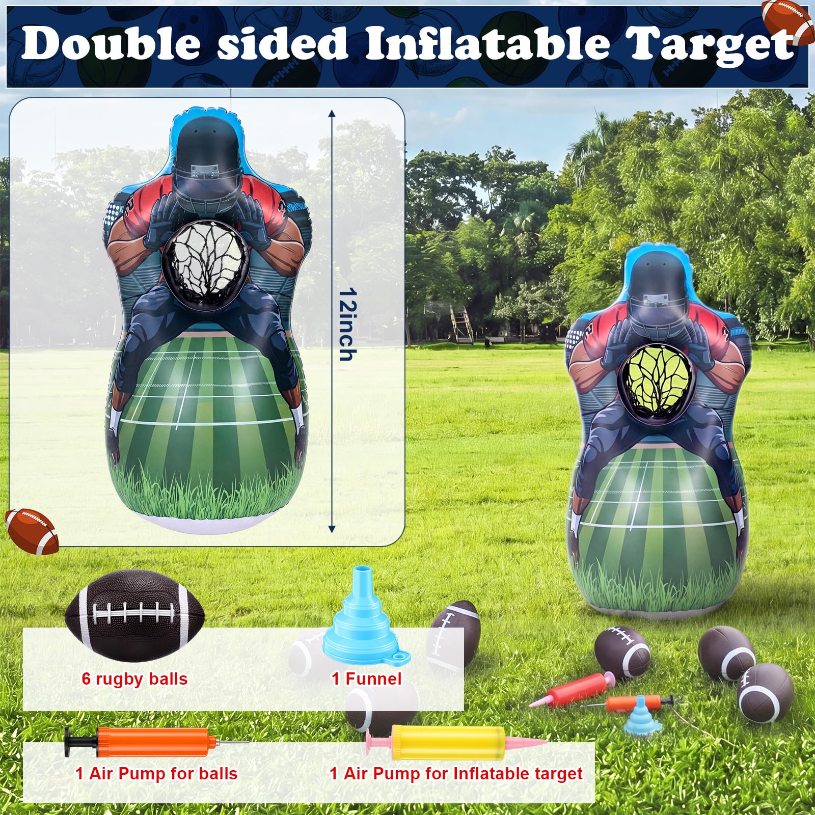 Juego inflable de lanzamiento de béisbol de doble cara con 6 bolas, bomba de aire, embudo, juegos de lanzamiento para interiores, exteriores, patio trasero y recuerdos de fiesta