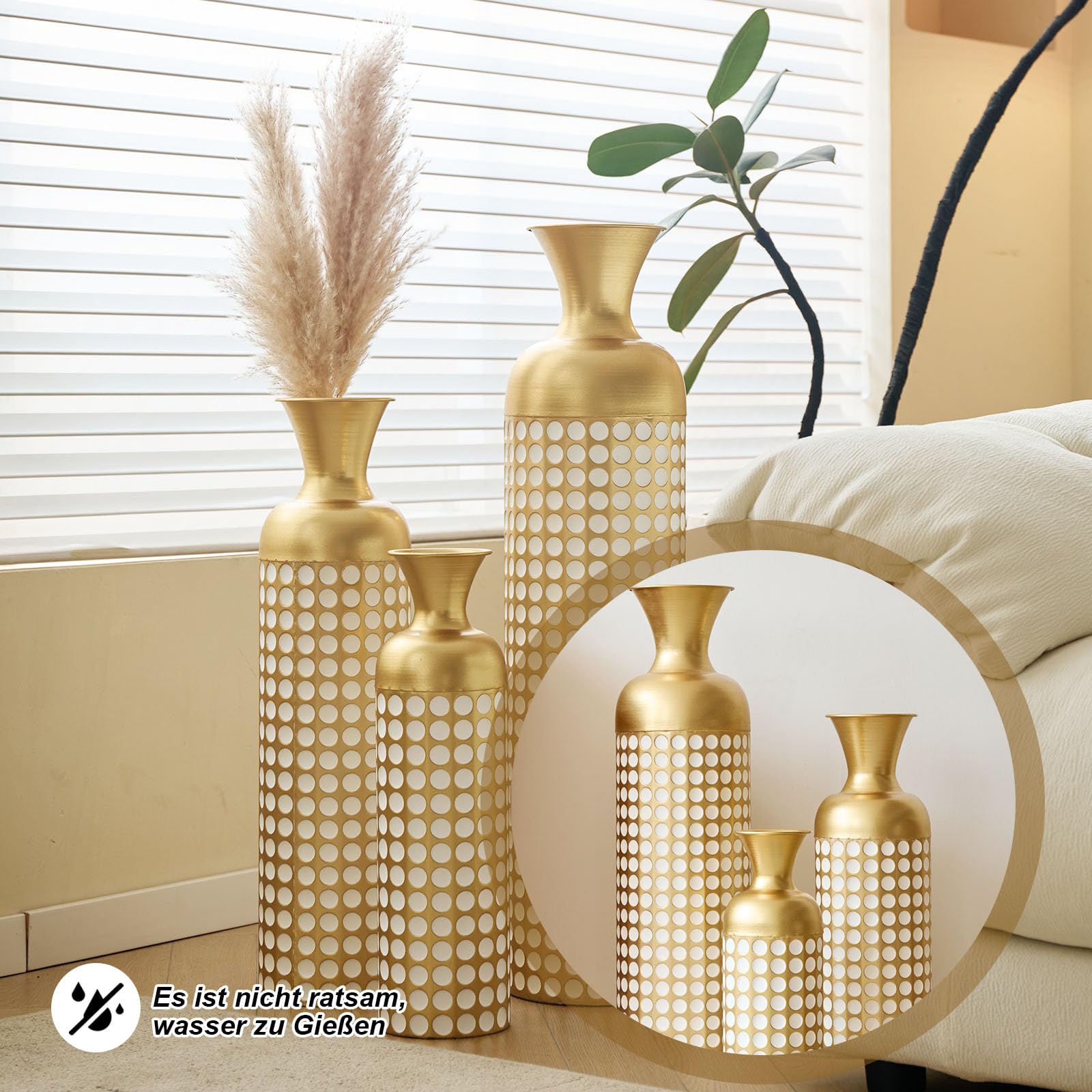 Bodenvase groß 3er Set (50/66/83 cm) - Große Deko Vasen aus Metall, Übertöpfe für Pflanzen als Zimmerdeko für Wohnzimmer & Flur im Vintage Look, Gold mit weißen Punkten