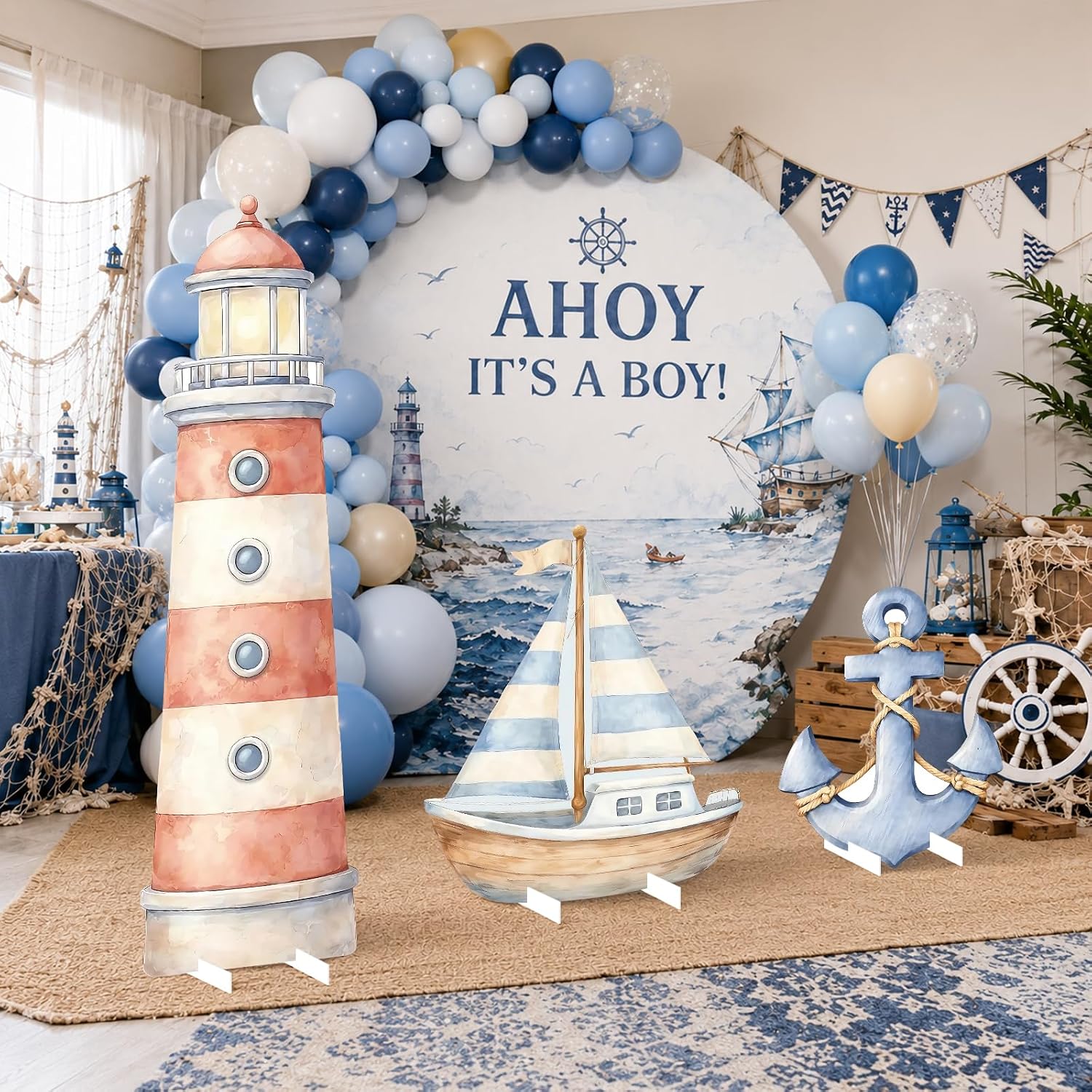 4Ft Nautical Party Decorations Boy Baby Shower Backdrop, Ahoy Its a Boy First Birthday Supplies, Lighthouse Sailboat Anchor Cardboard Cutouts, Sailor Ocean Theme Yard Signs Photo Props