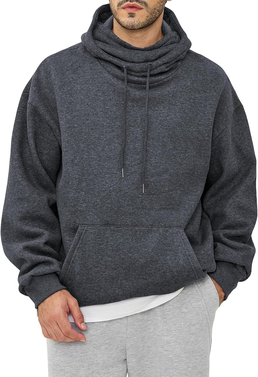JMIERR Men's Fleece Hoodie Relaxed Fit Pull-Up Neck Pullover | Soft Fleece Blend, Pull-Up Neck Coverage, Hood With Drawstring, Kangaroo Pocket, Ribbed Trim, Relaxed Fit, Fall Winter Hoodie