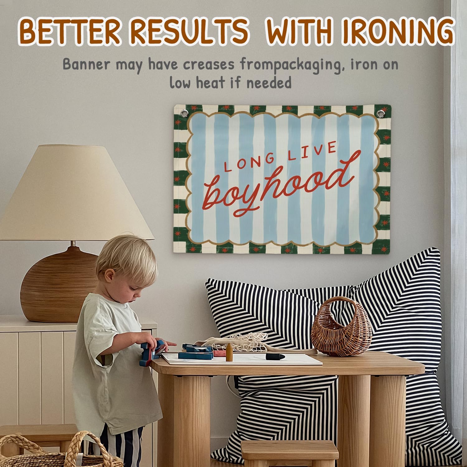 SJDFCSA Long Live Boyhood Banner Canvas Wall Hanging, Boys Room Decor Wall Art, Retro Preppy Striped Wall Decor Hanging Banner Flag for Kids Boys Toddler Nursery Bedroom Playroom Prints, 30x20 Inch image 5
