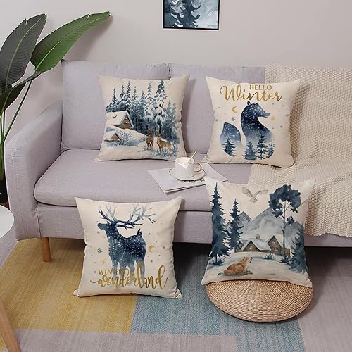 Miniatura 4 de Hello Winter - Juego de 4 fundas de almohada decorativas grises de 18 x 18 pulgadas, diseño de muñeco de nieve, camión, corona, manoplas, porche,