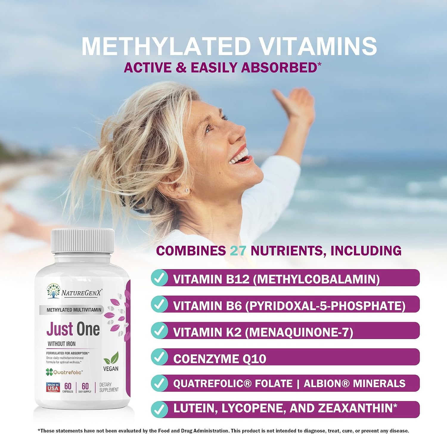 NatureGenX Just One Daily Methylated Multivitamin - Iron-Free with Methyl B12 & Quatrefolic Methylfolate - Methylation Support for Men & Women - 2-Pack Best Value, 120 Vegan Capsules (4-Month Supply)