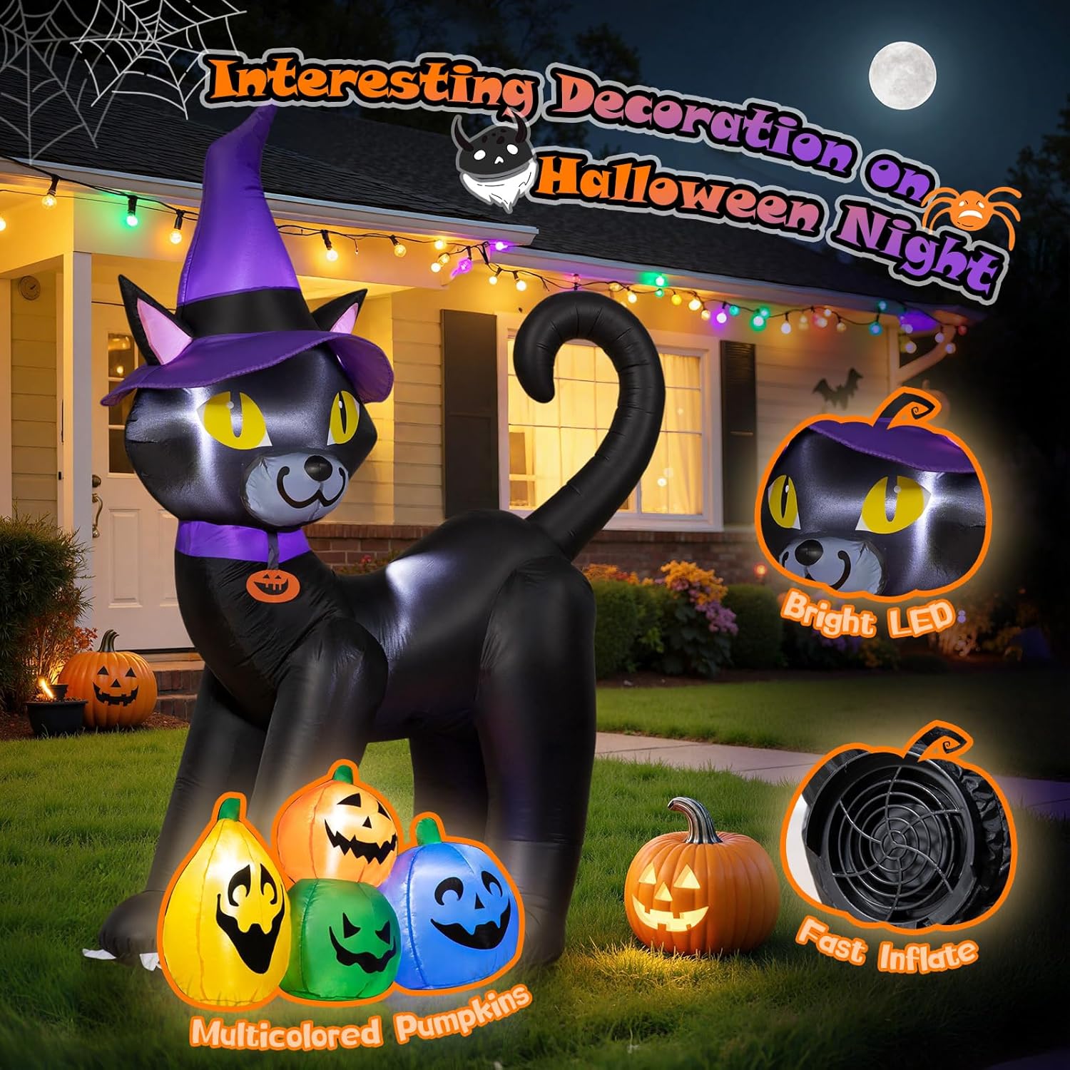 6FT Halloween Inflatable Black Cat with Witch Hat and 4 Colorful Pumpkins, Cute Blow Up Yard Decoration with LED Lights for Lawn, Garden, Balcony, Outdoor Holiday Party Events
