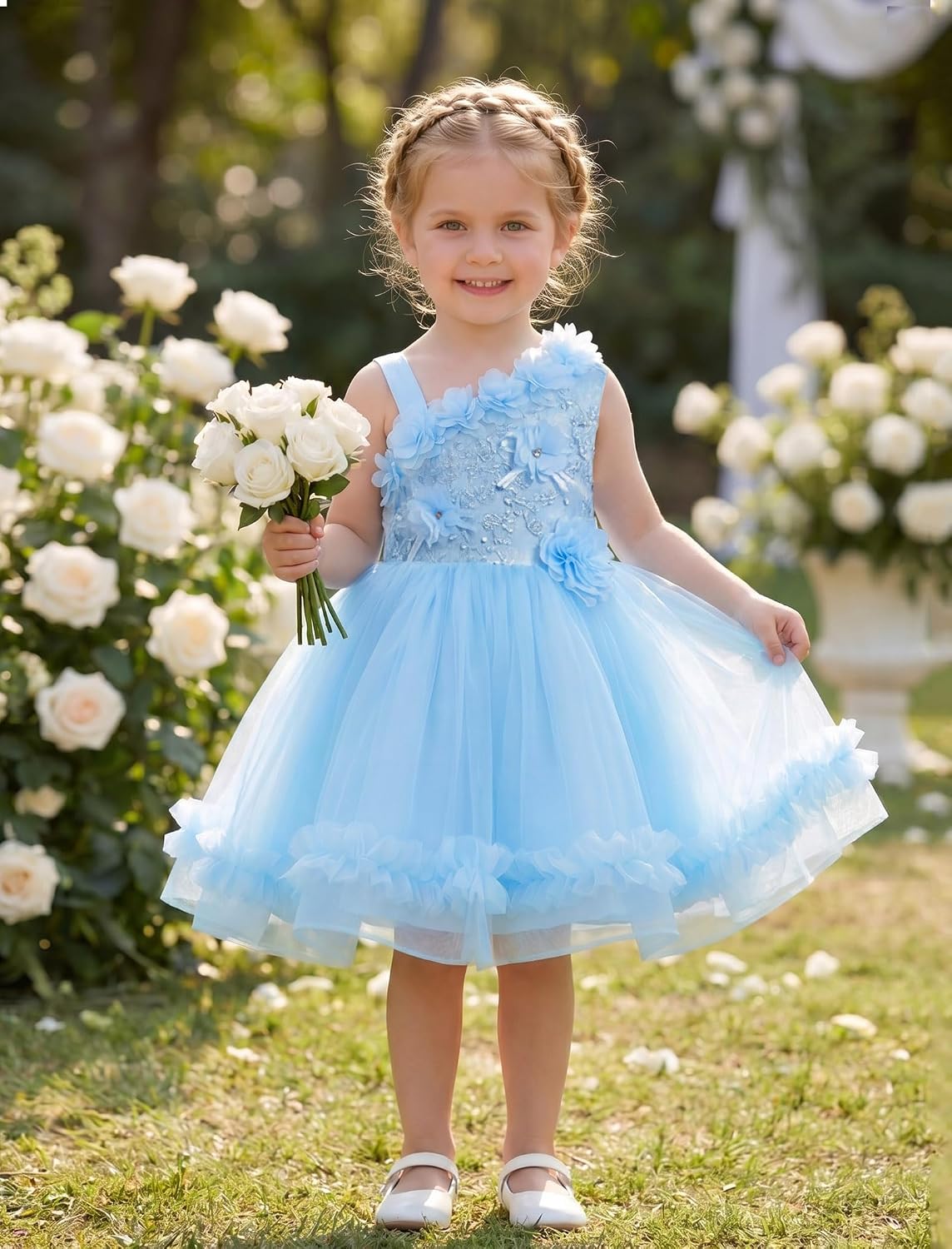 OBEEII Baby Girls 3D Flower Baptism Tutu Dress Toddler Photoshoot Prom Ball Gown Pageant Wedding Flower Girl Dress