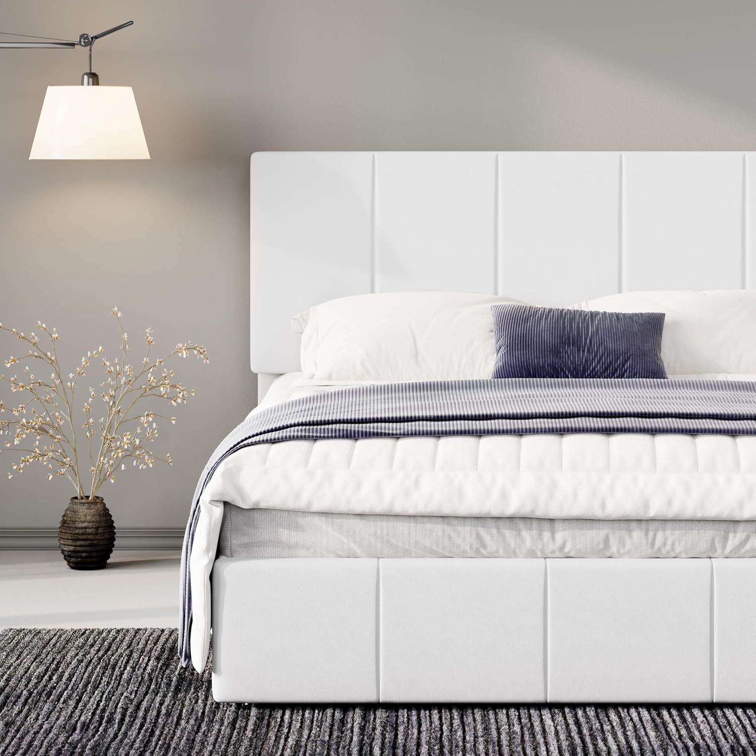 Allewie Queen Size Dutch Velvet Upholstered Platform Bed Frame/Vertical Channel Tufted Adjustable Headboard/Low Profile Bed Frame/No Box Spring Needed/Easy Assembly/White - Image 9