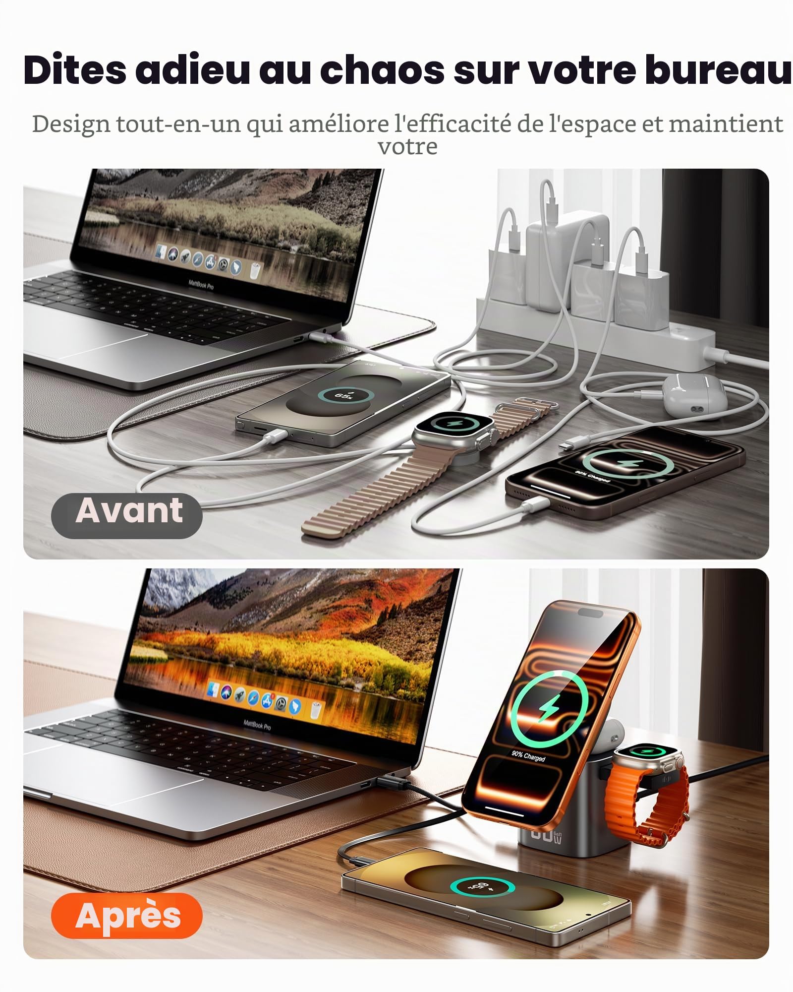toocki Station Charge 80W GaN, 6 en 1 Chargeur avec Câble Rétractable USB-C | GaN USB-C et USB-A, PD Charge Rapide, Design Tout-en-Un Idéal Bureau/Maison/Voyage, pour iPhone 17/Galaxy S26/Watch/AirPods