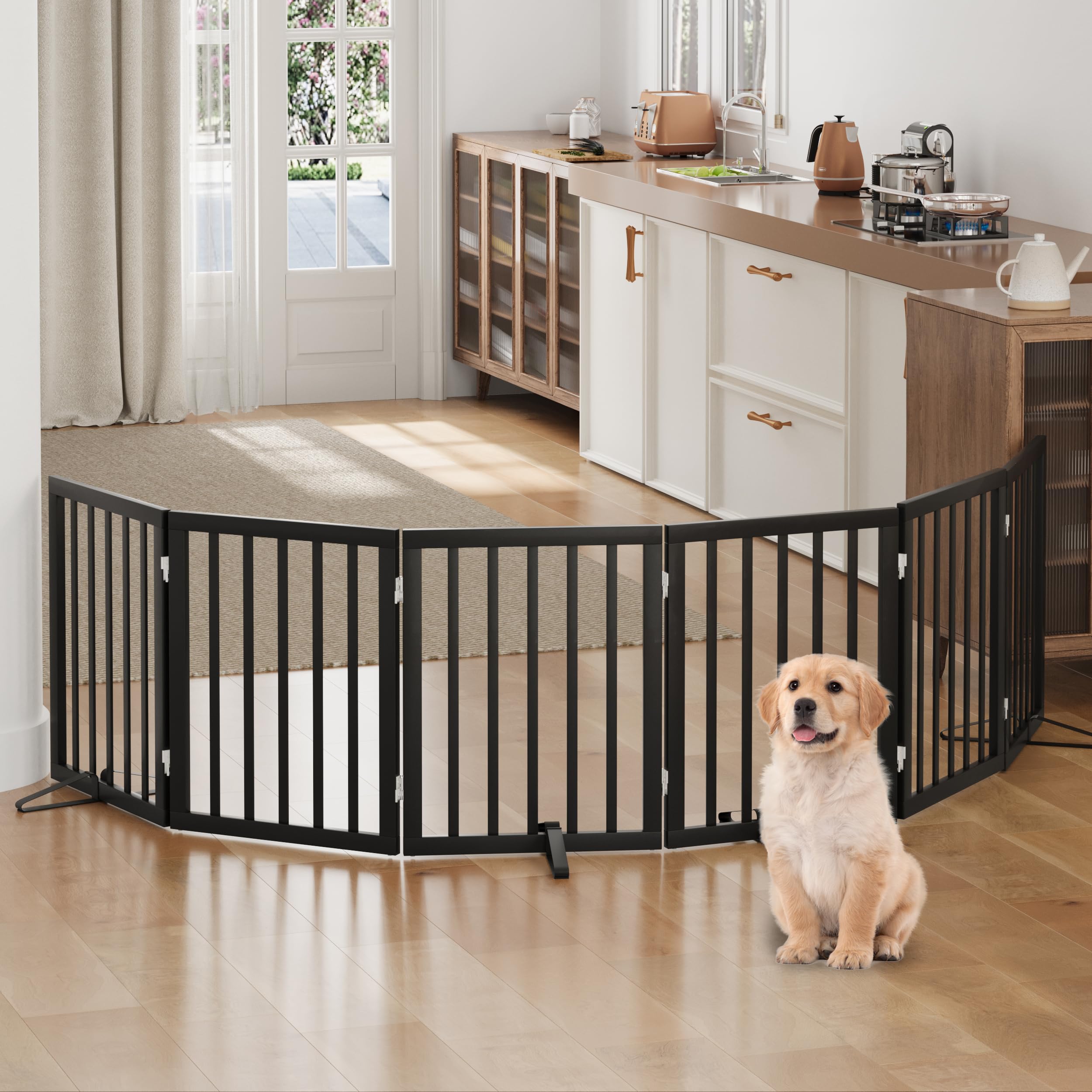 Dog Gates for Doorways, Foldable Dog Gate Indoor, Freestanding Pet Gates for Doorways Bedroom, Puppy Gate with Metal Support Feet, Room Divider 3 Panels (Walnut) — view 29