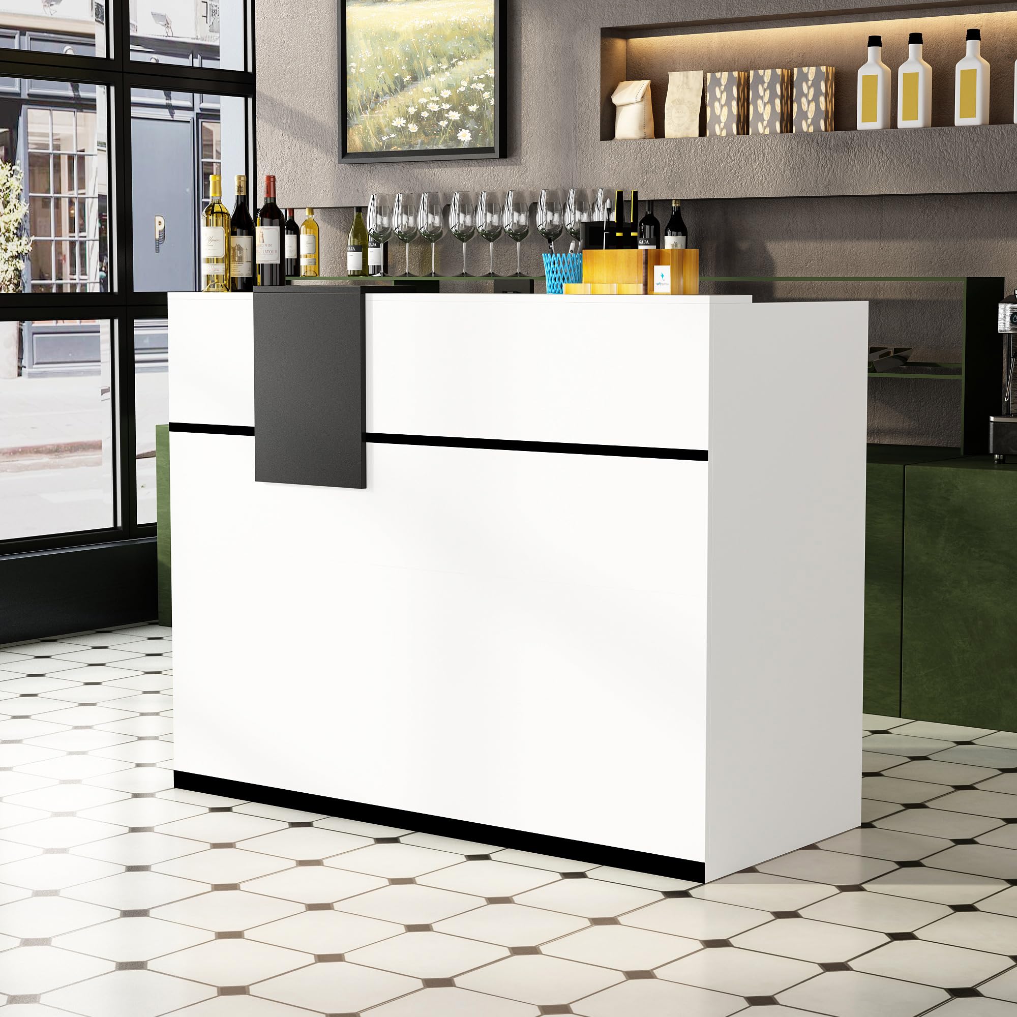Banco di reception, banchi di reception, banchi di ricevimento, bancone con cassetti e armadi chiudibili, bancone con ripiani aperti regolabili, 140 x 60 x 110 cm, MDF