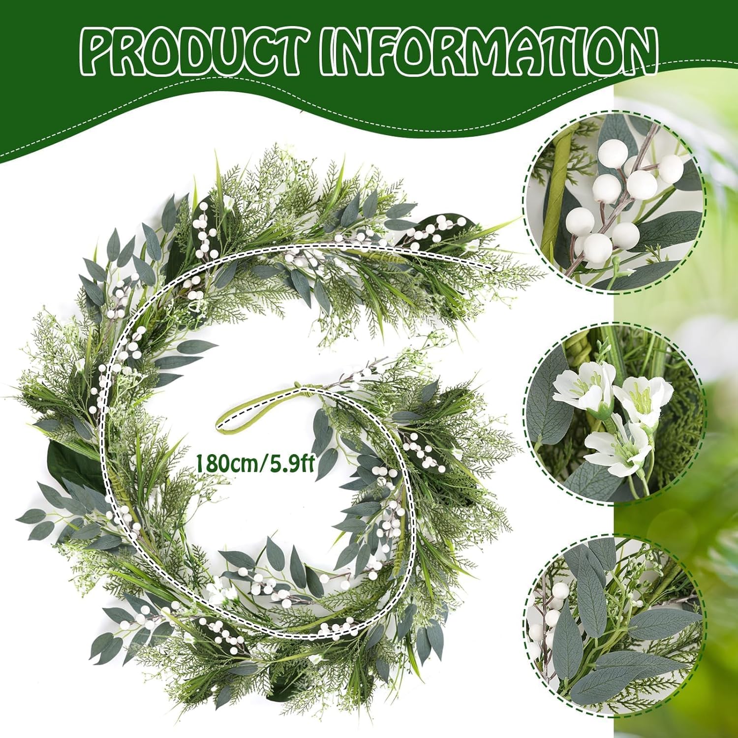 6.5 Ft Artificial White Flowers Garland Spring Summer Swags White Wild Flower with Berries Garland Vine for Wedding Front Door Porch Table Indoor Door Home Mantle All Year Decoration