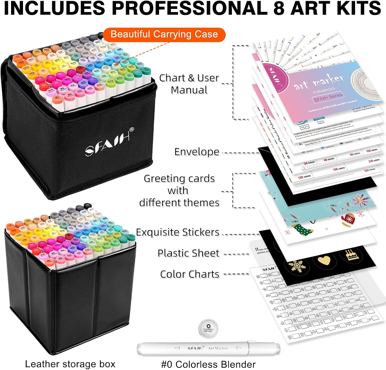 SFAIH Alcohol Markers Set Chisel & Fine - 81 Colors [Leather Storage Box] Alcohol Marker for Coloring Book Drawing Illustration Art Course, Seamless Blended, No-Bleed Sheet, Best Gift for Beginner